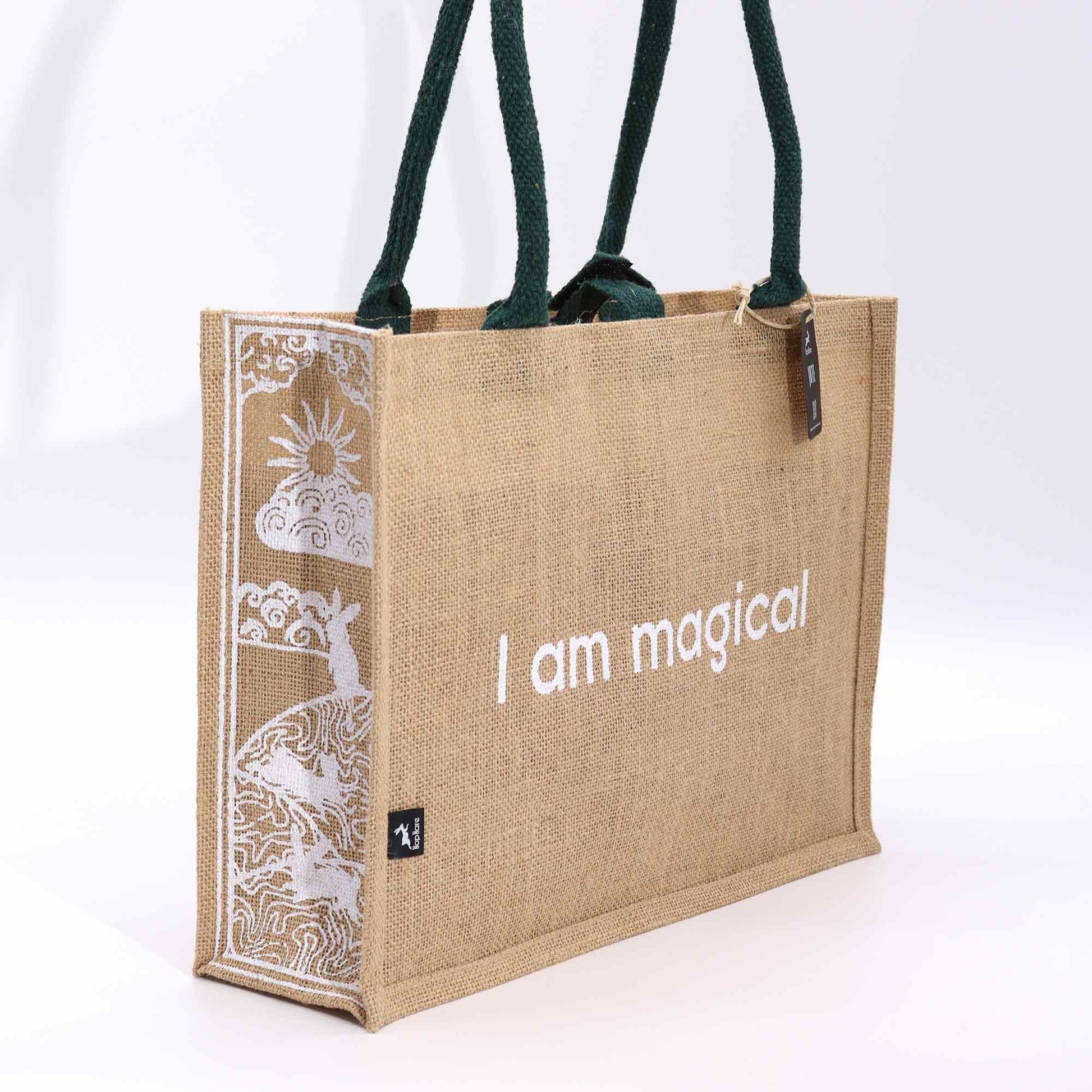 Large eco-friendly jute shopping bag featuring a mystical rabbit design and I am Magical text.