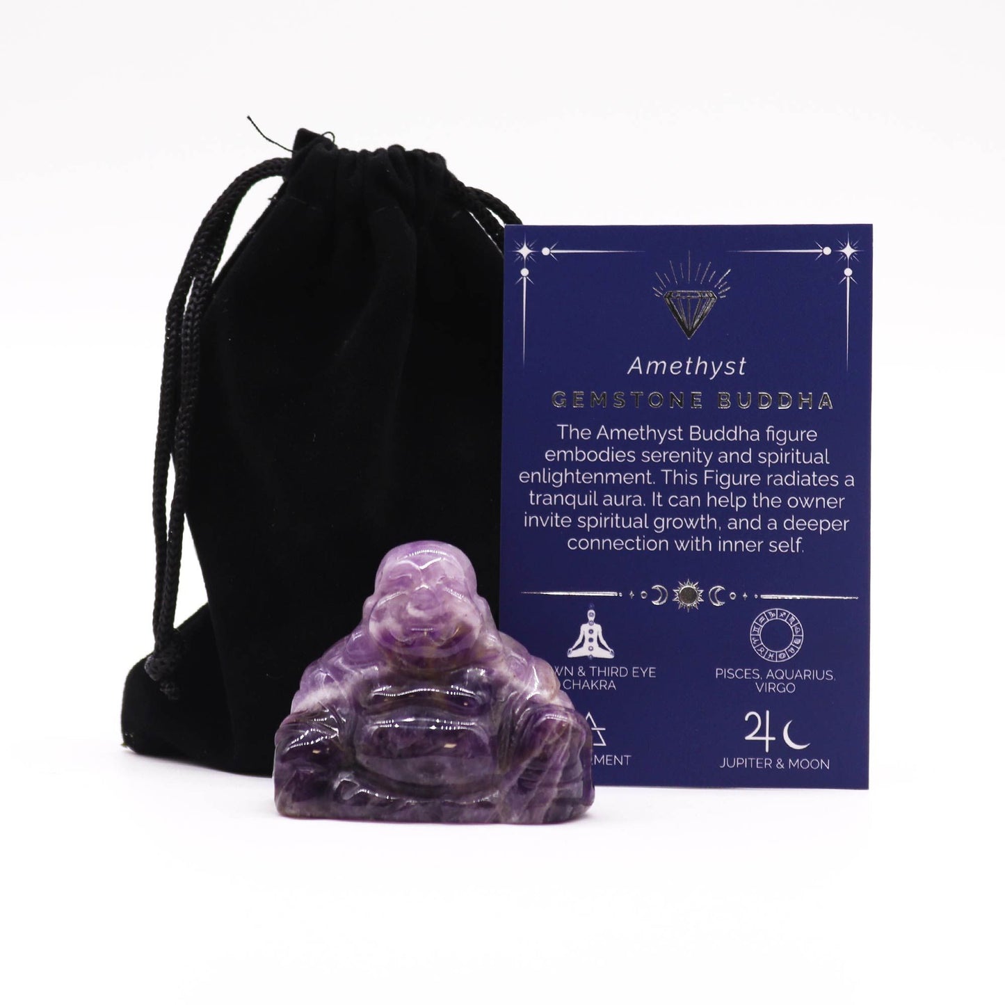 Large hand-carved purple amethyst gemstone Buddha statue in a meditative pose.