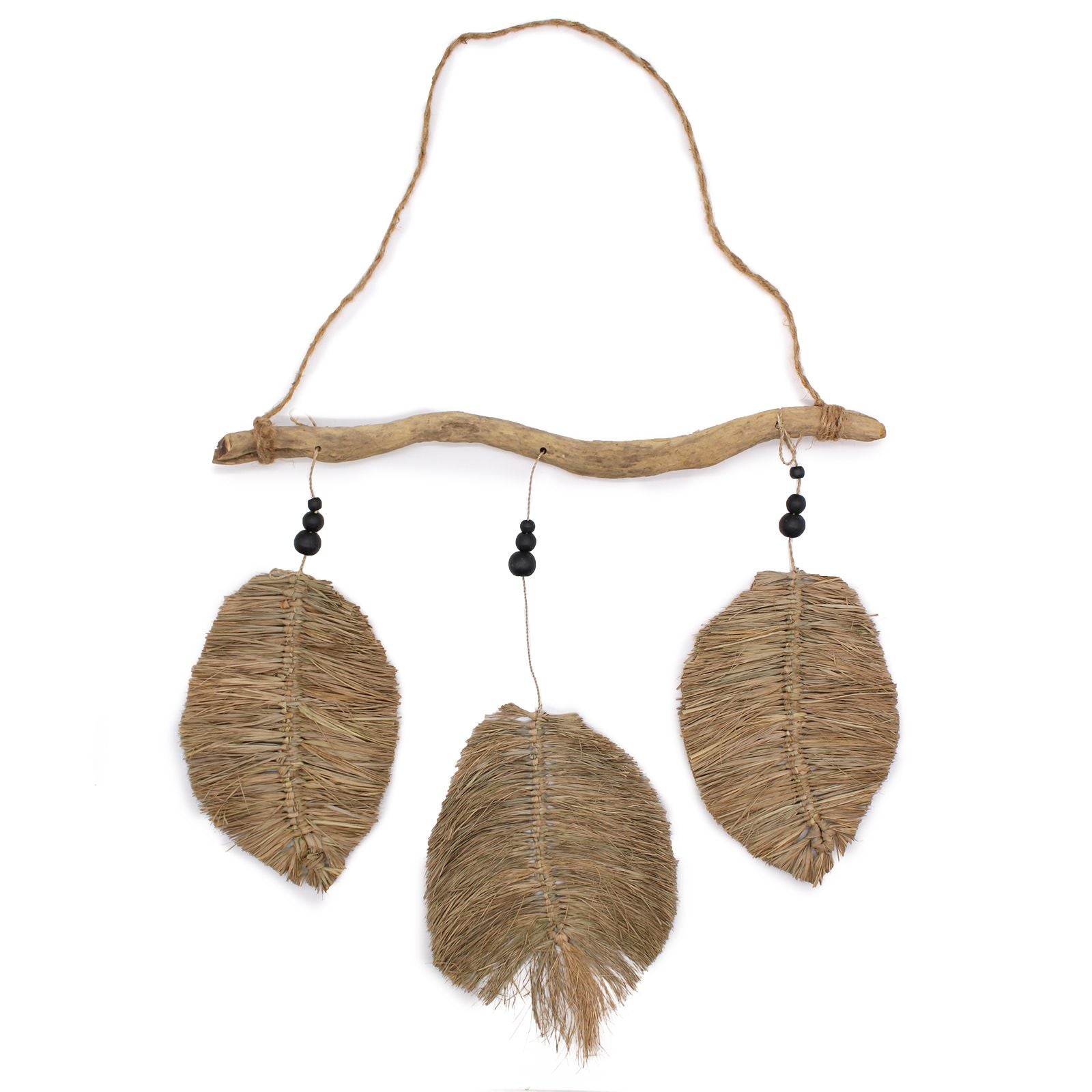 A set of three handcrafted raffia leaves in a natural finish, displayed as decorative wall art.