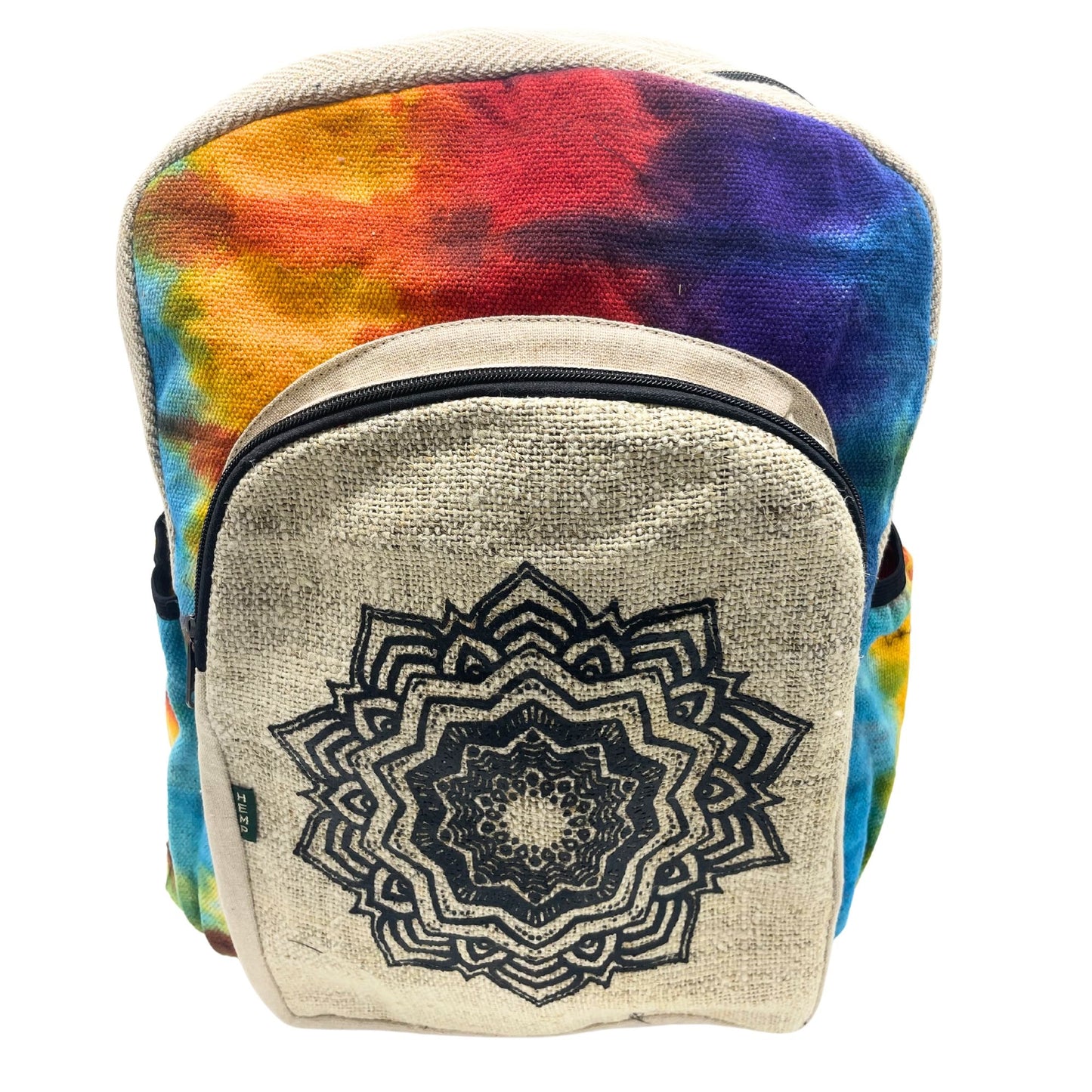 Large tiedye hemp backpack featuring a black front flap with a detailed white mandala print and adjustable straps.