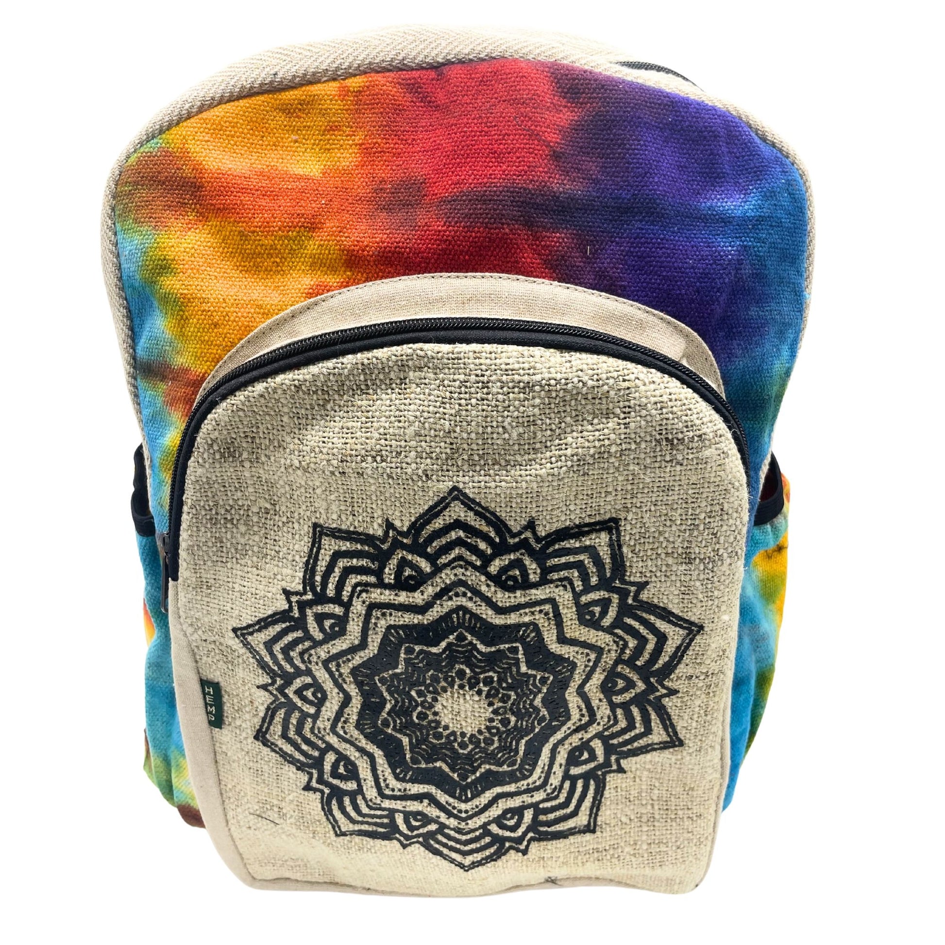 Large tiedye hemp backpack featuring a black front flap with a detailed white mandala print and adjustable straps.