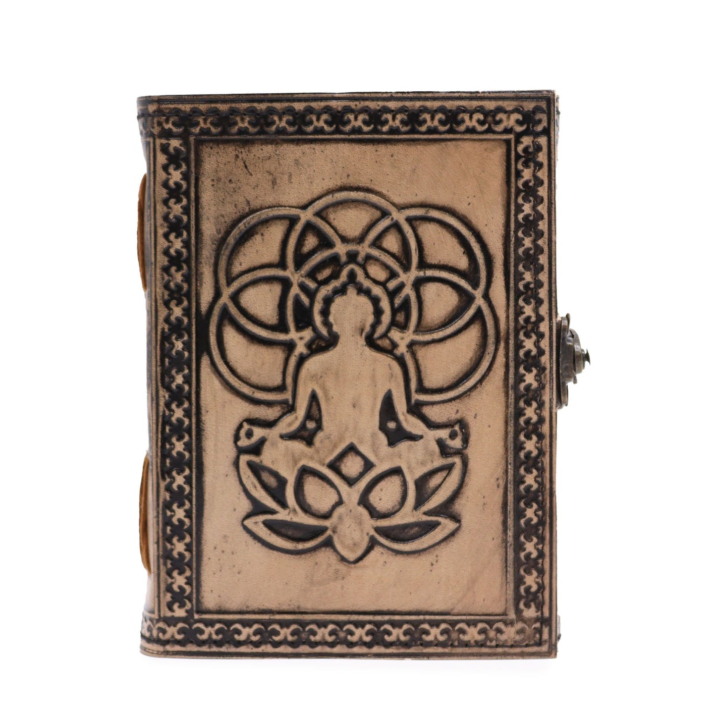 Antique grey leather notebook featuring an embossed Buddha design with decorative stitched edges on a vintage cover.