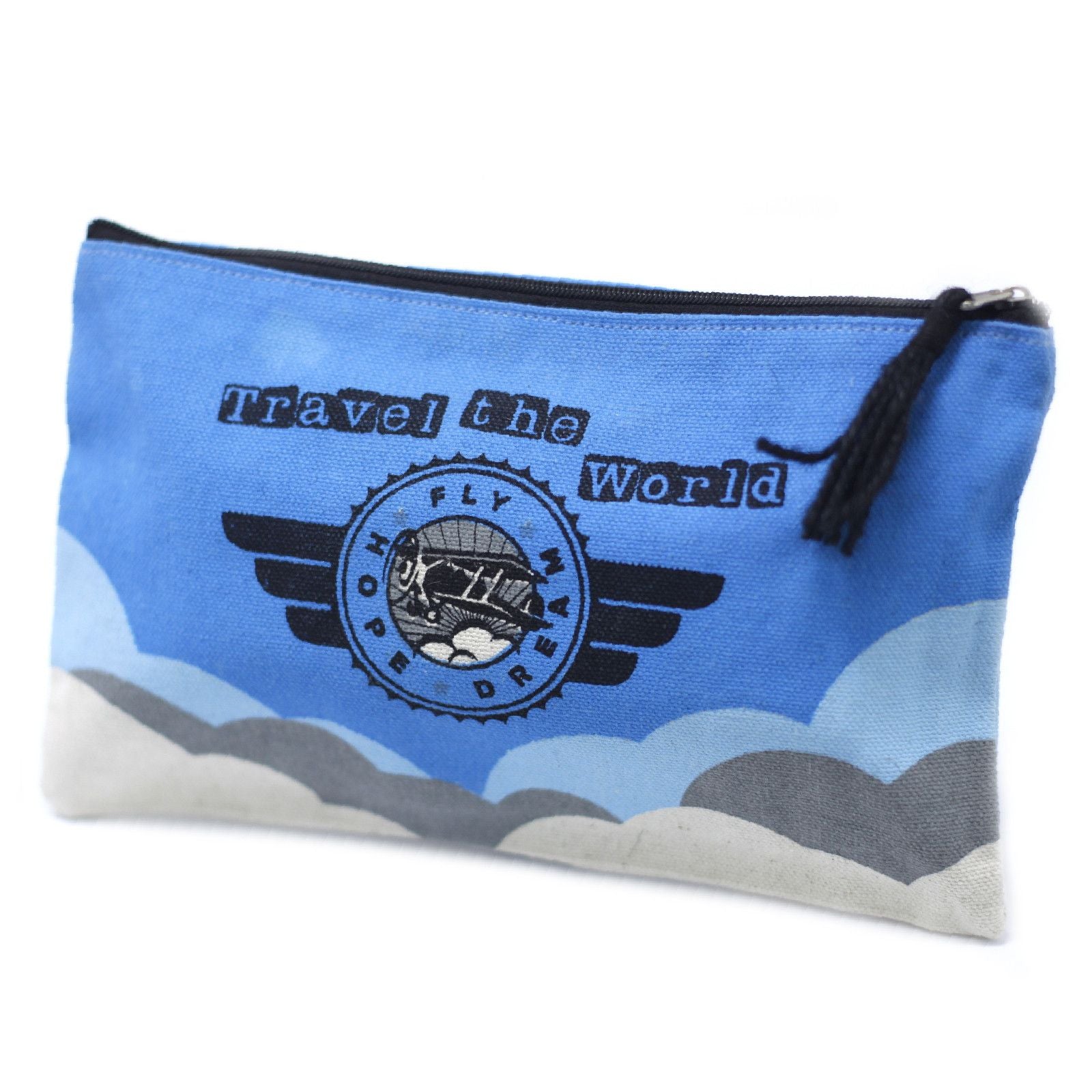 Canvas zip pouch with a vintage-style world map print and a secure top zipper.