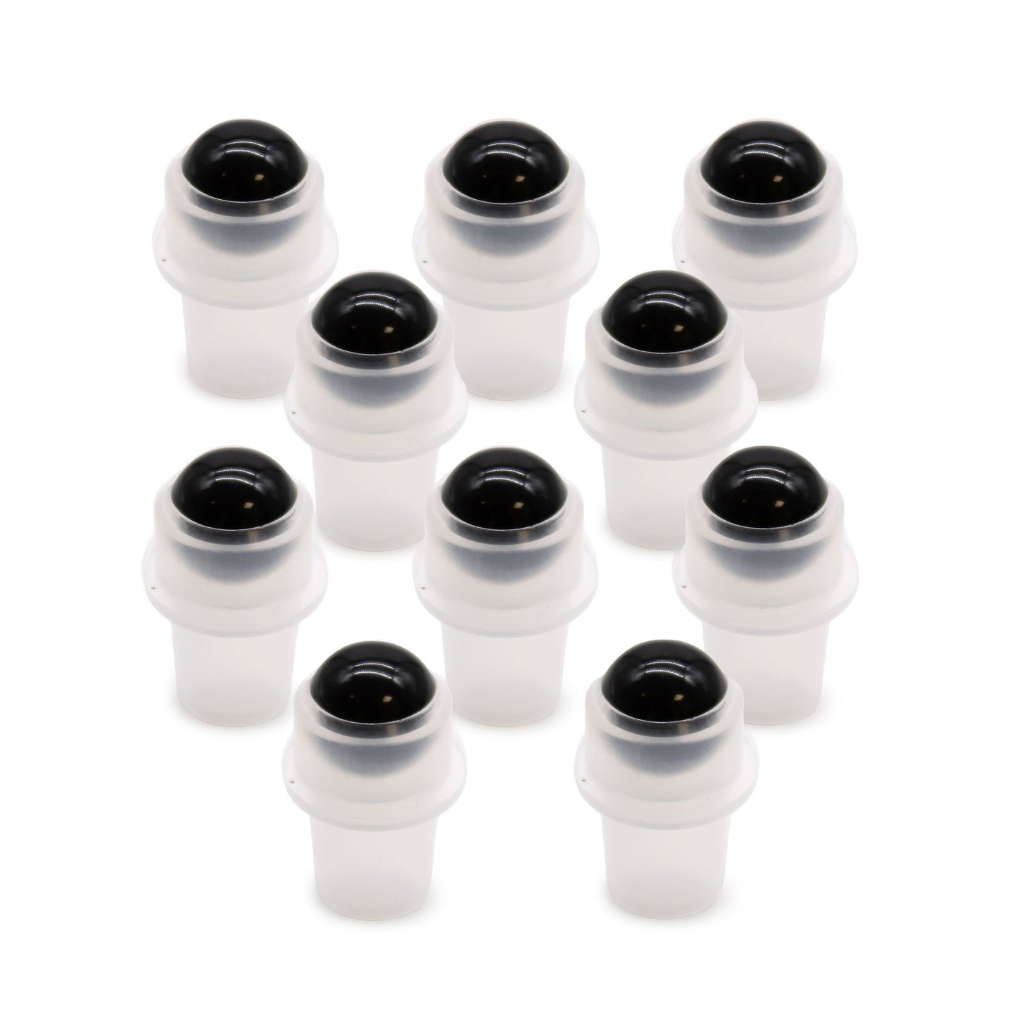 Close-up of a polished black tourmaline gemstone roller ball top designed for a small essential oil bottle.