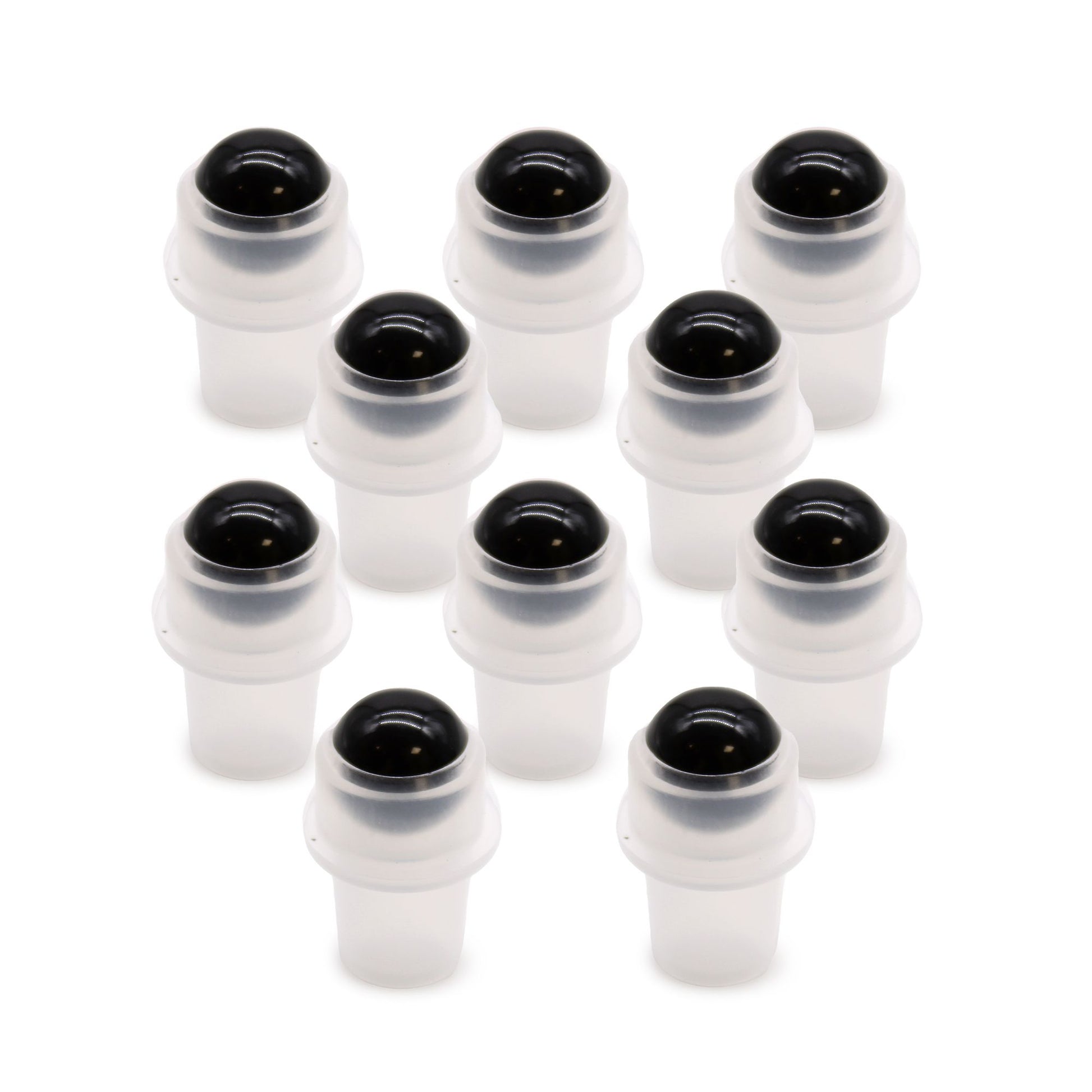 Close-up of a polished black tourmaline gemstone roller ball top designed for a small essential oil bottle.