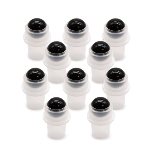 Close-up of a polished black tourmaline gemstone roller ball top designed for a small essential oil bottle.