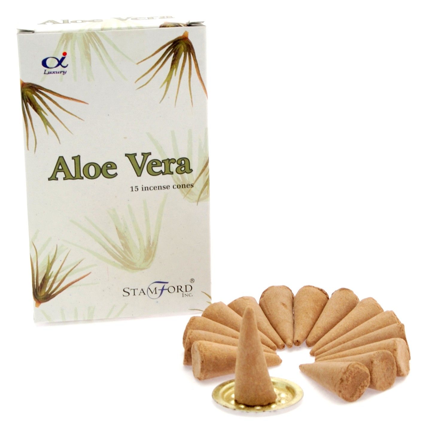 Pile of dark green aloe vera incense cones on a neutral background.