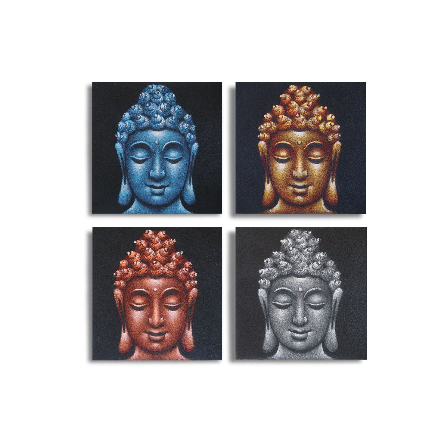 Four square canvas paintings featuring serene Buddha heads with a textured sand finish in neutral tones.