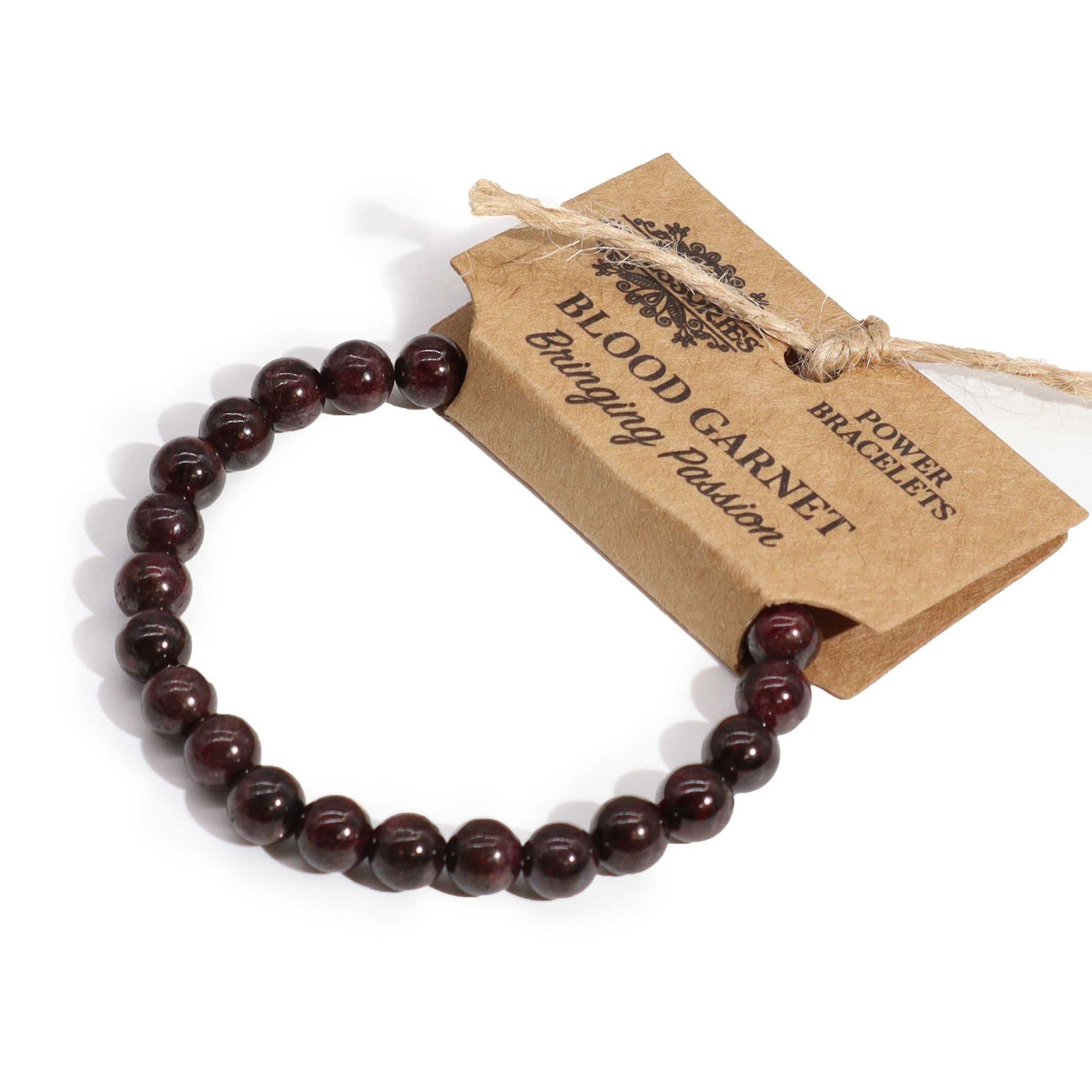 Stretch crystal power bracelet featuring deep red polished blood garnet beads.