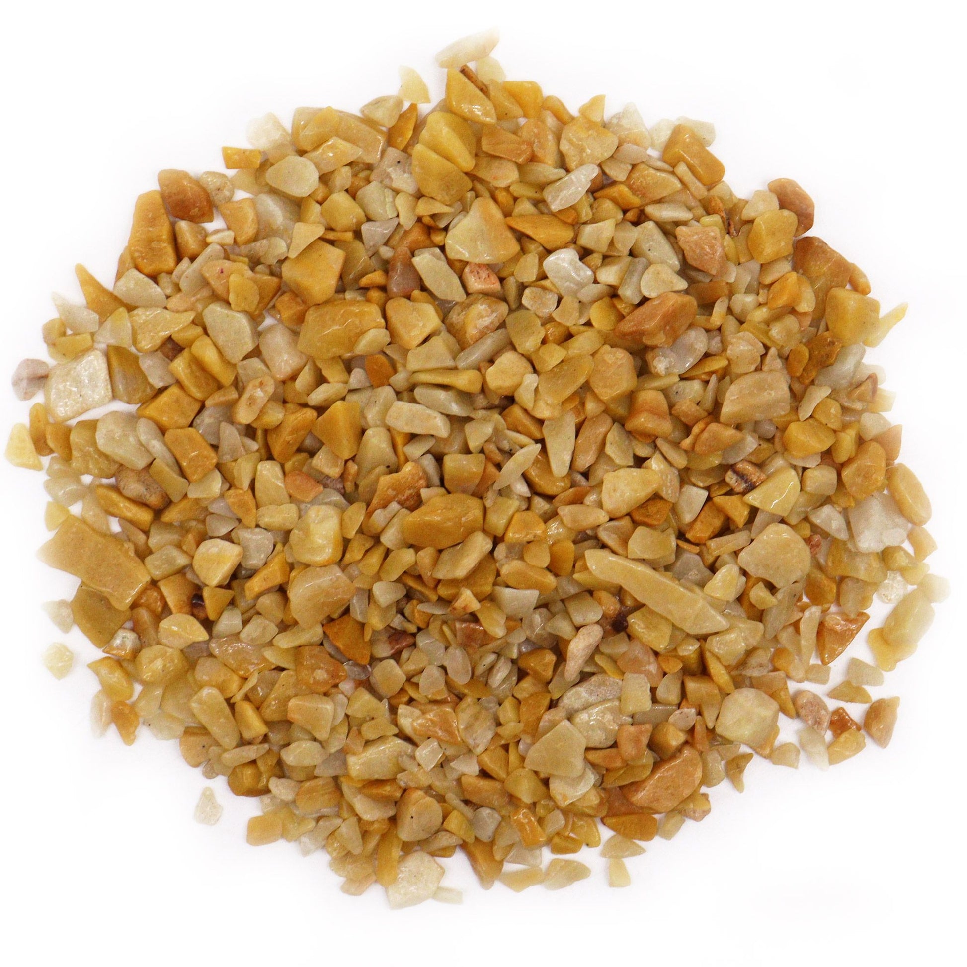 A 1kg bulk bag of shimmering golden quartz gemstone chips with warm sunlit tones.