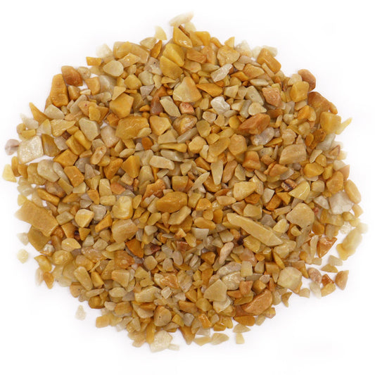 A 1kg bulk bag of shimmering golden quartz gemstone chips with warm sunlit tones.