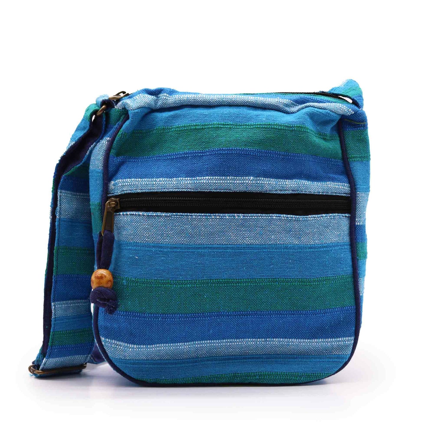Large blue pattern fabric sling bag with an adjustable strap and multiple zip compartments.