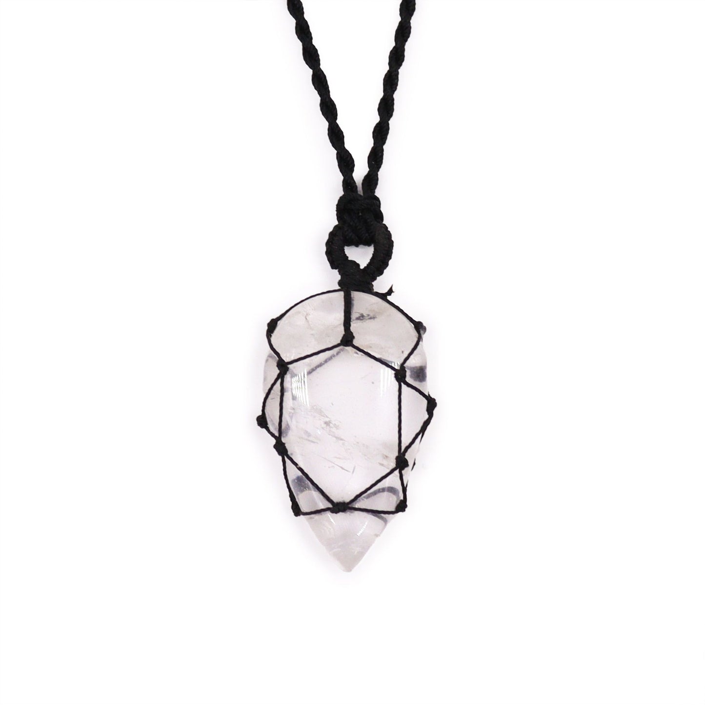 Elegant teardrop-shaped clear rock quartz gemstone pendant with intricate silver-style laced metalwork detail.
