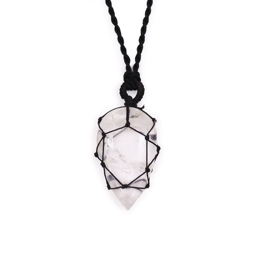 Elegant teardrop-shaped clear rock quartz gemstone pendant with intricate silver-style laced metalwork detail.