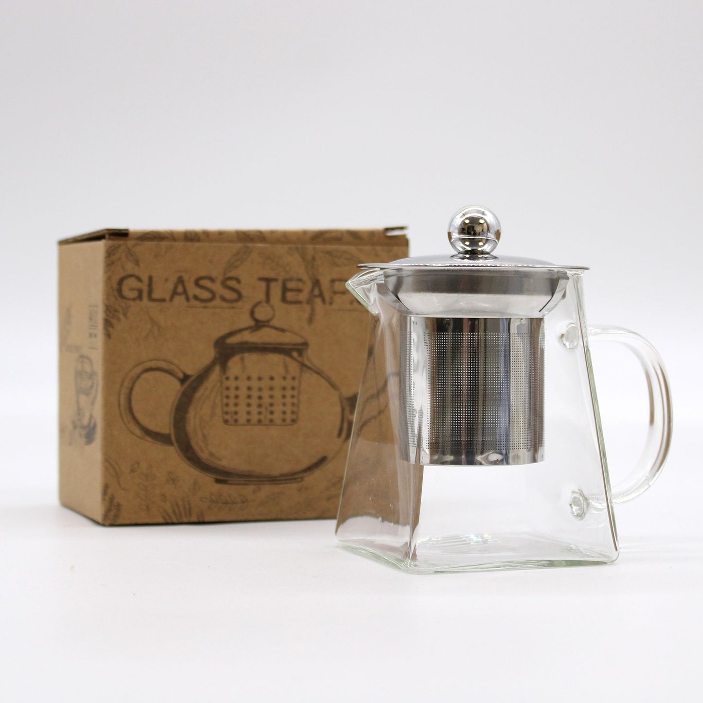 Elegant tower-shaped clear glass teapot with a built-in infuser for brewing loose leaf tea.