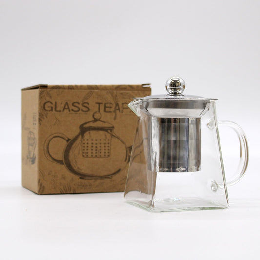 Elegant tower-shaped clear glass teapot with a built-in infuser for brewing loose leaf tea.