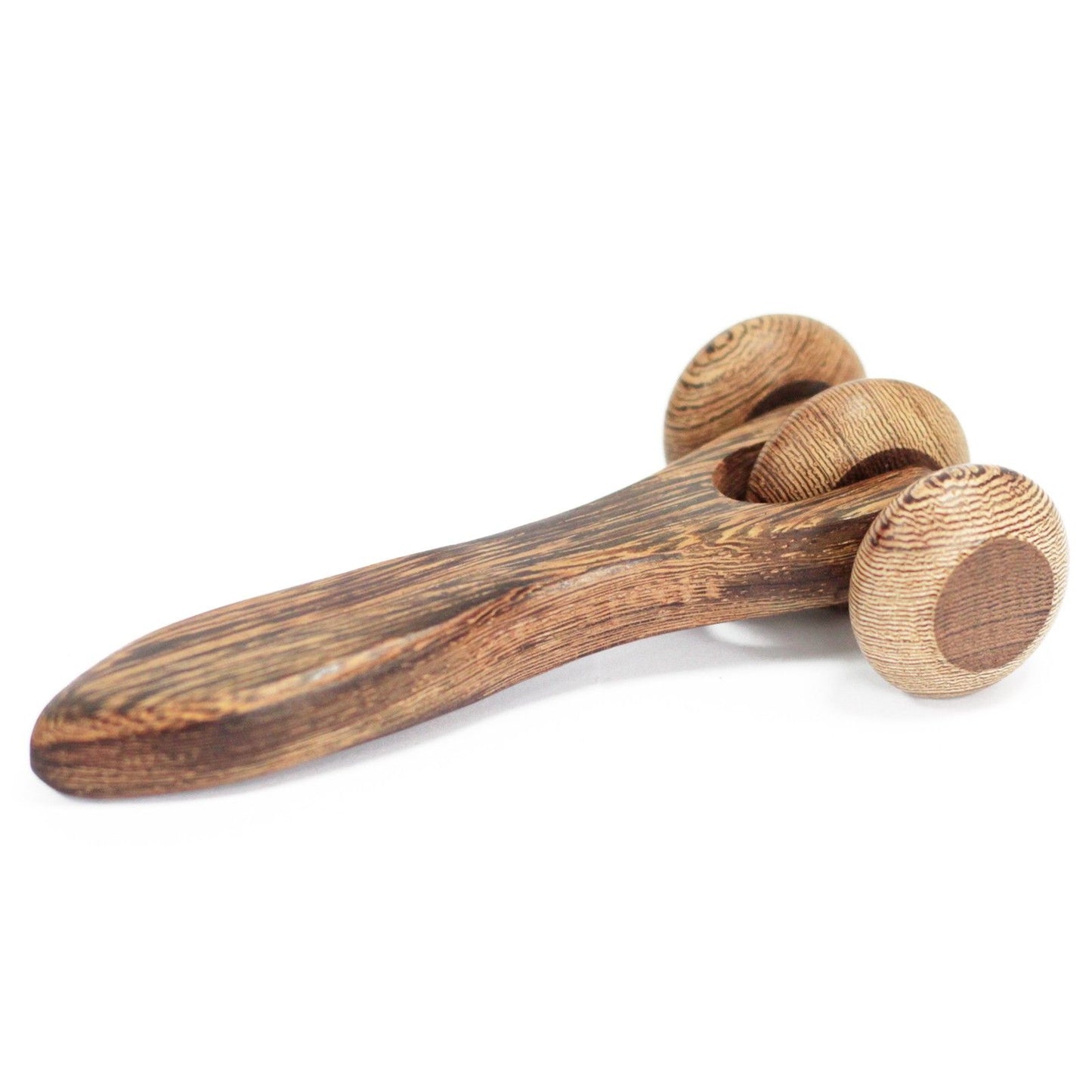 Handheld three disc massage roller made from polished redwood with a triple-roller design for muscle relief.