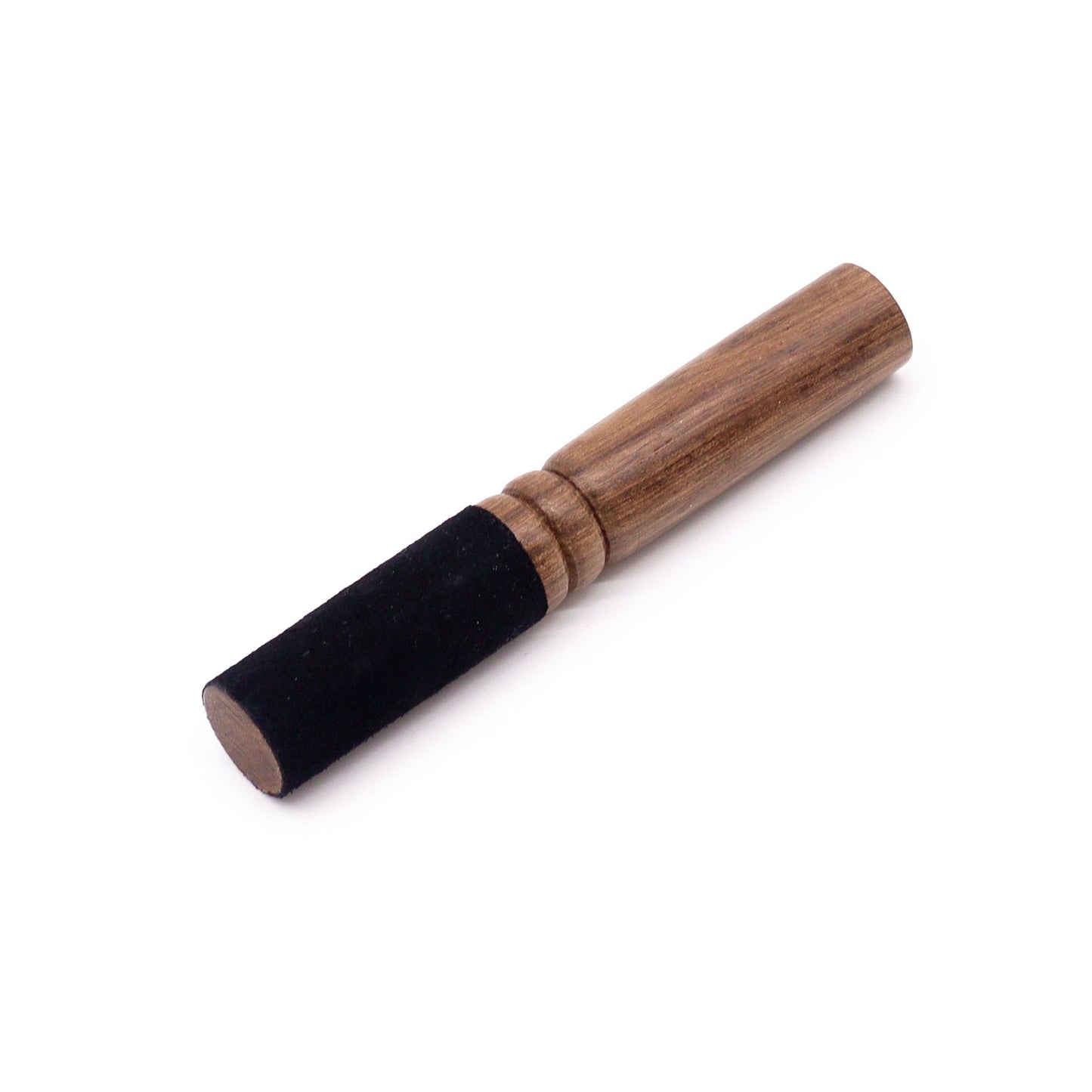Small 13cm wooden singing bowl striker with a smooth finish and ergonomic tube-style handle for sound healing.