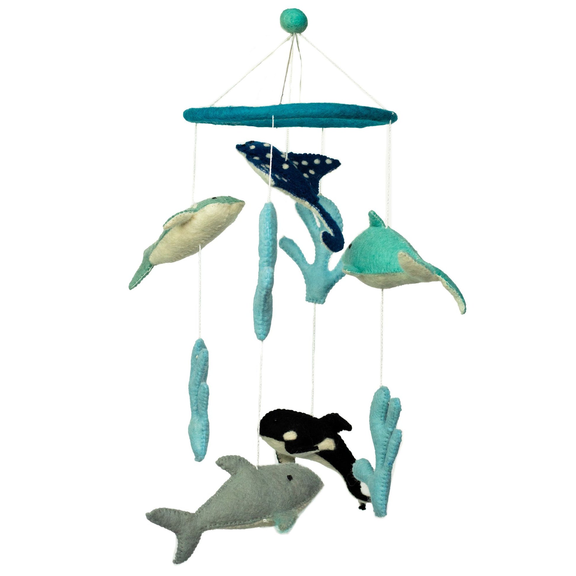 Handmade felt nursery mobile featuring colourful dolphins, fish, and starfish hanging from a wooden hoop.