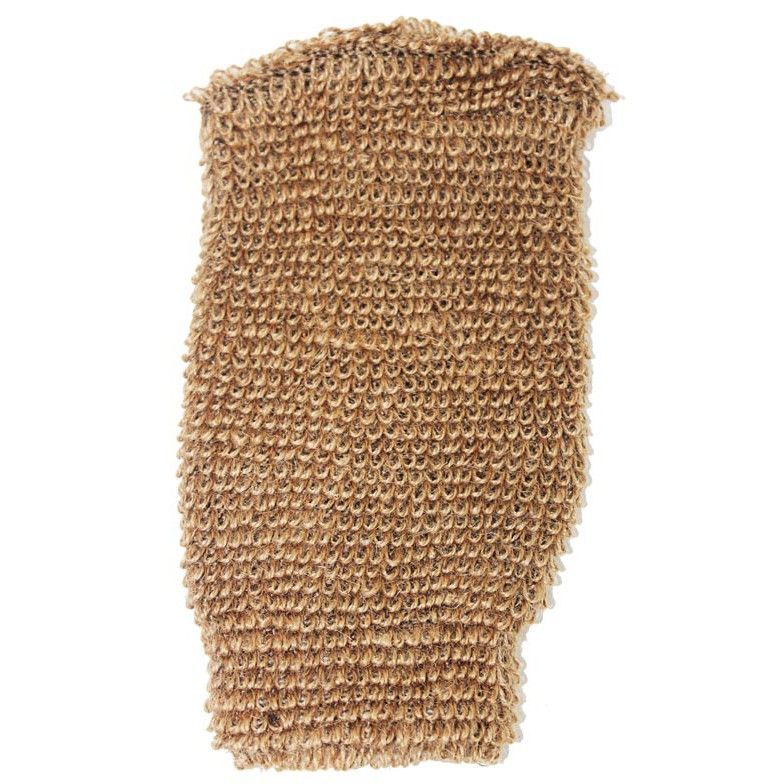 Textured brown natural jute exfoliating bath mitt designed for skin massage and removal of dead skin cells.