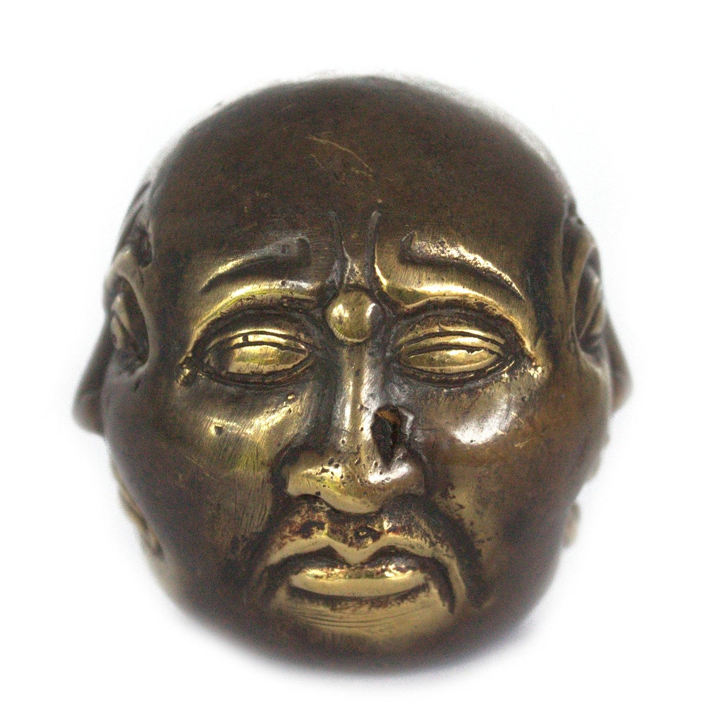 Small polished brass statue depicting a Buddha with four faces, showcasing intricate traditional details.