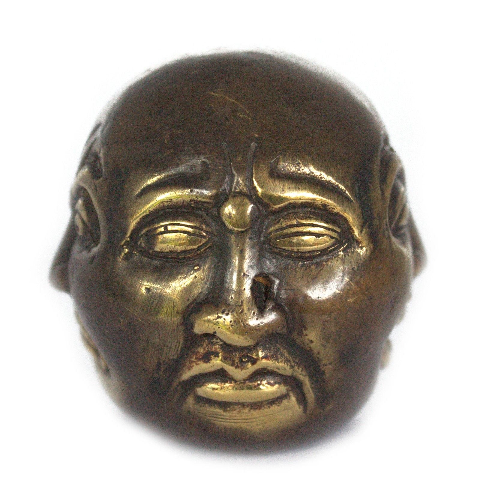 Small polished brass statue depicting a Buddha with four faces, showcasing intricate traditional details.