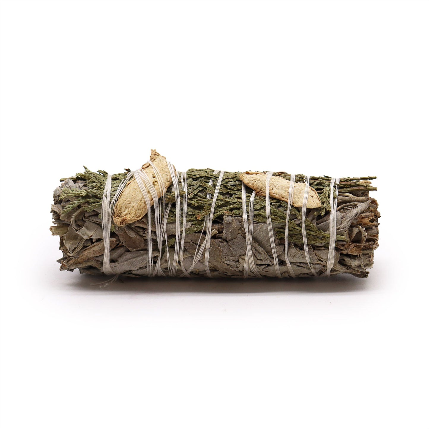 Handcrafted smudge stick made of dried white sage bundled with ginger and cedar sprigs.