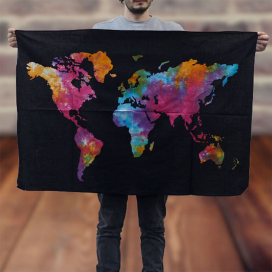 Large cotton wall hanging featuring a colourful world map design against a bold black background.