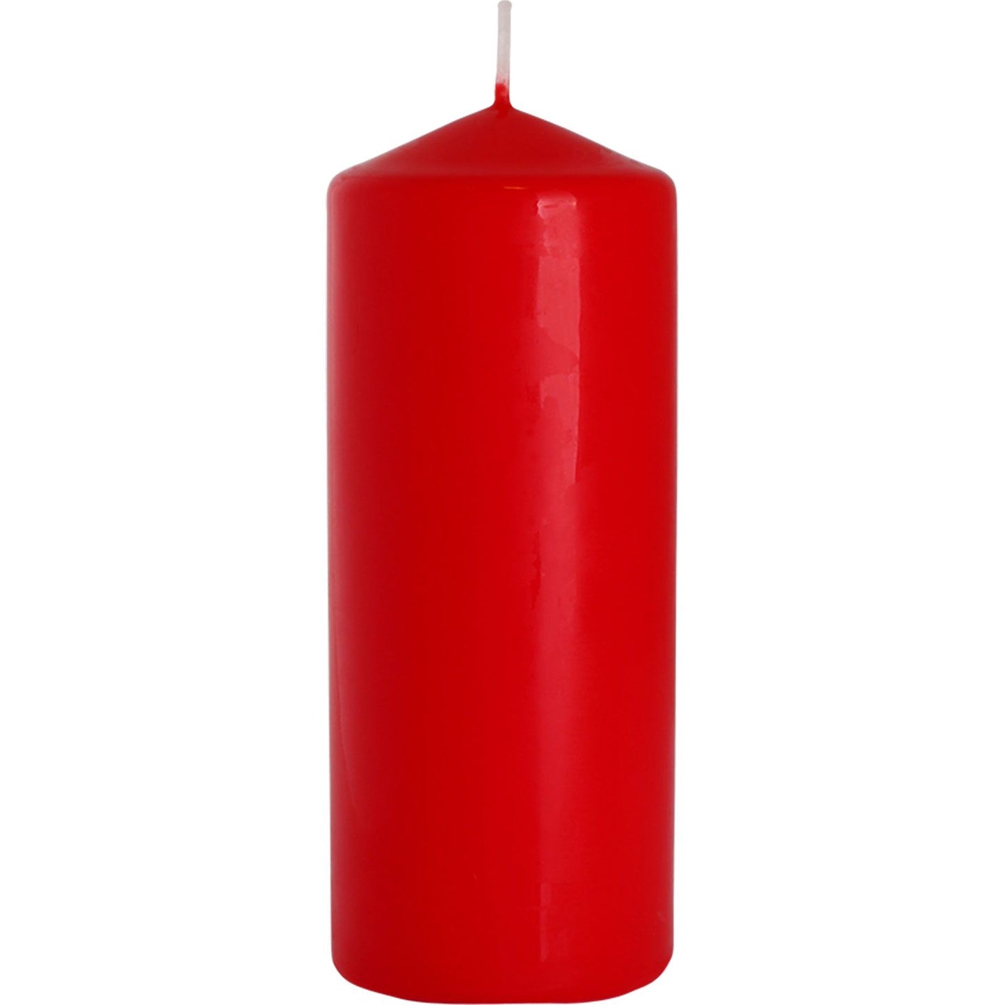 A tall, vibrant red unscented pillar candle with a smooth finish and a cotton wick.