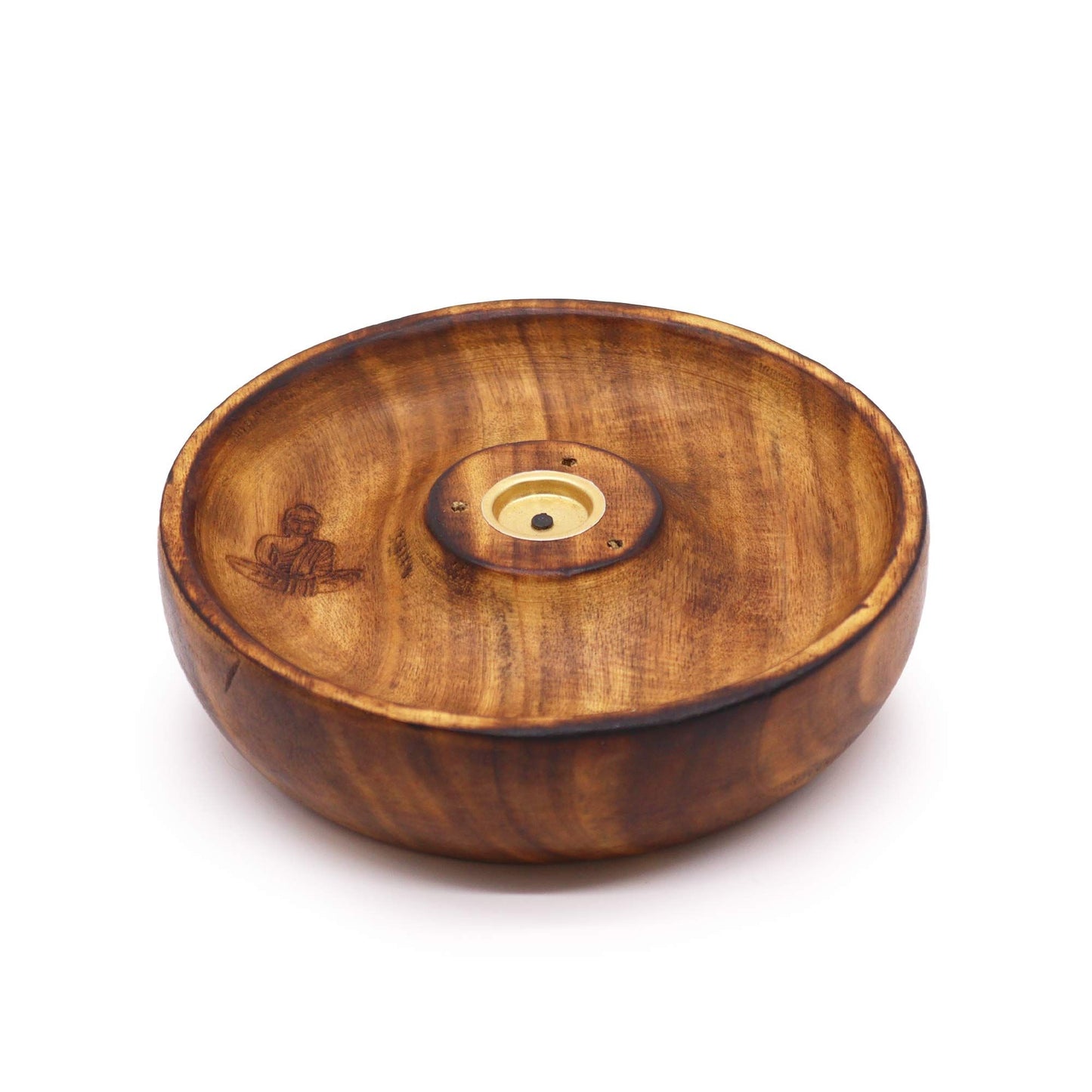 Circular grey incense burner disc featuring a detailed central Buddha figure and holes for incense sticks.