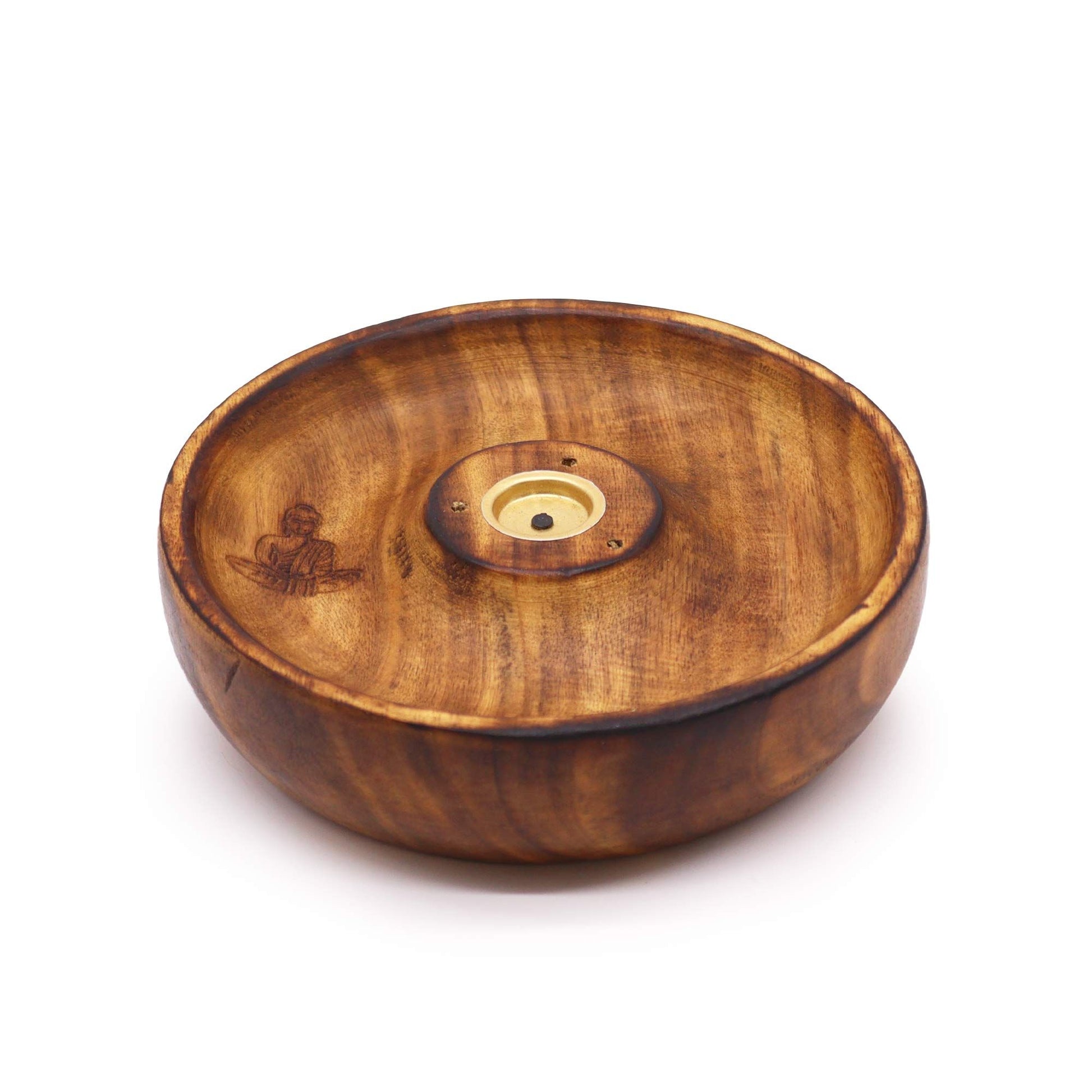 Circular grey incense burner disc featuring a detailed central Buddha figure and holes for incense sticks.