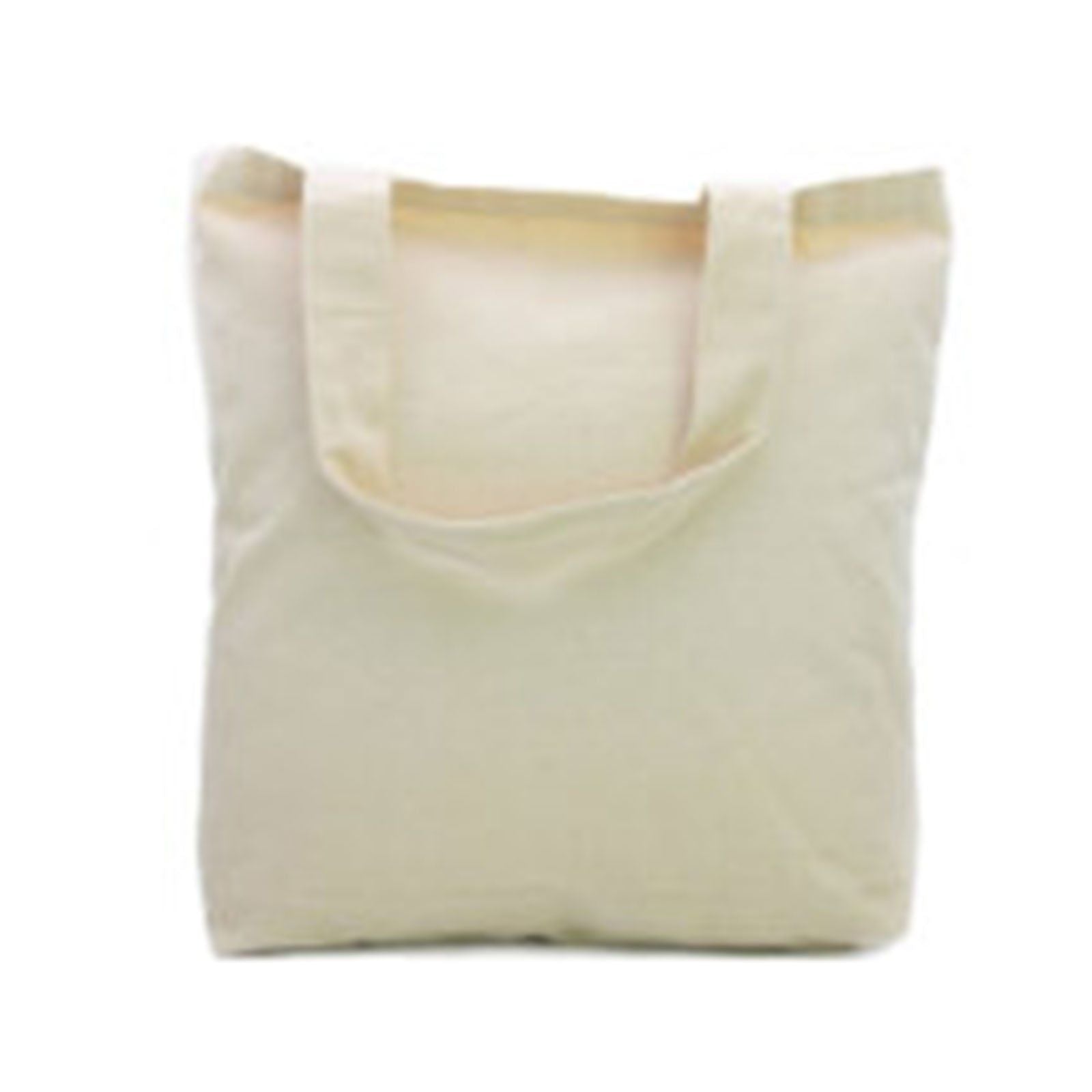 Small natural cream cotton bag with short handles on a plain background.