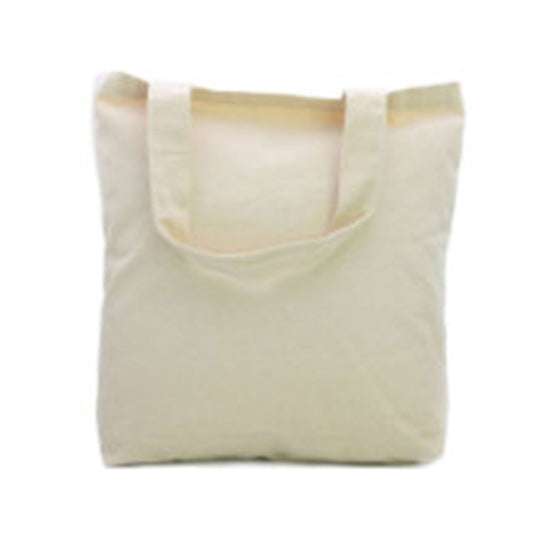 Small natural cream cotton bag with short handles on a plain background.