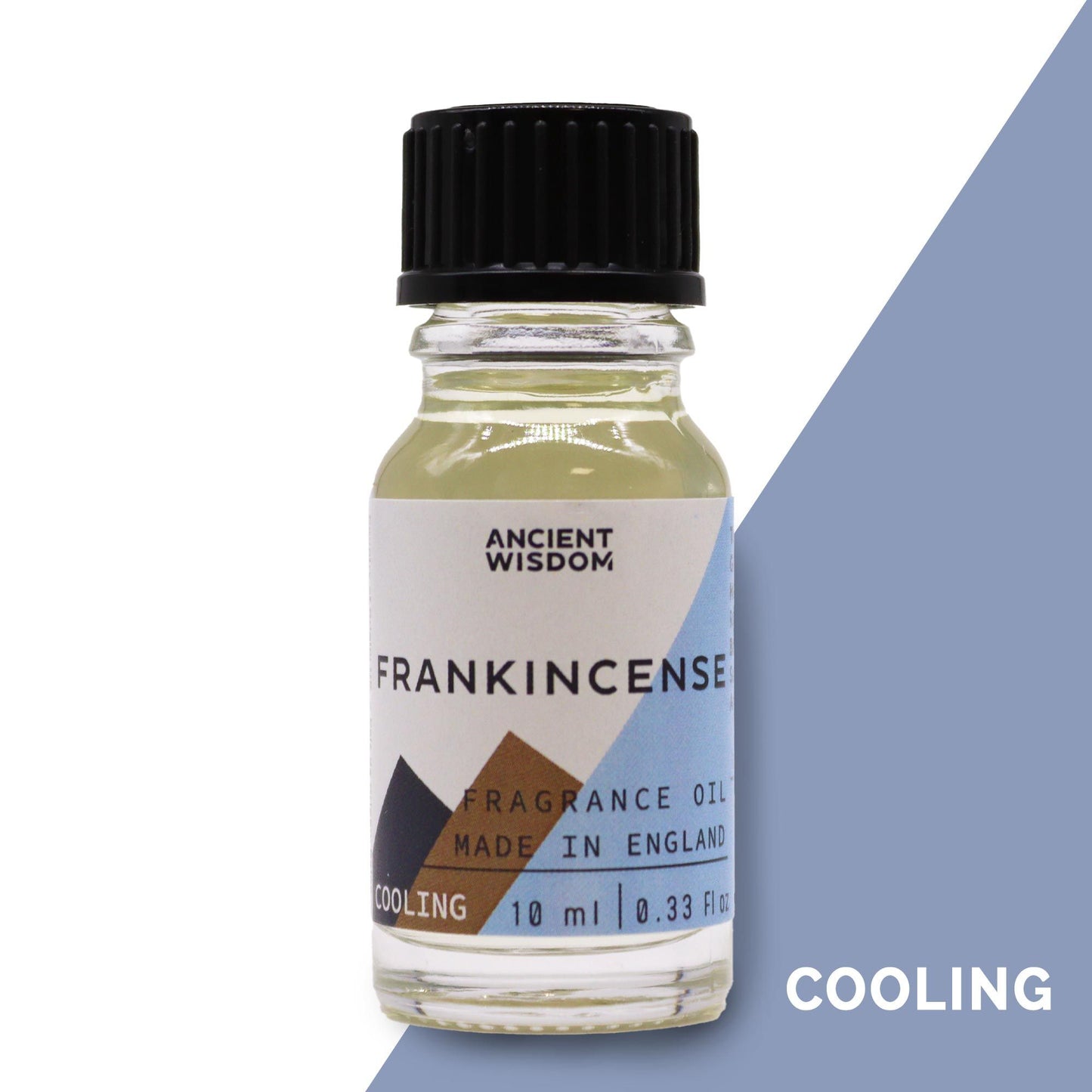 A 10ml amber glass bottle of Frankincense fragrance oil with a black dropper cap on a neutral background.