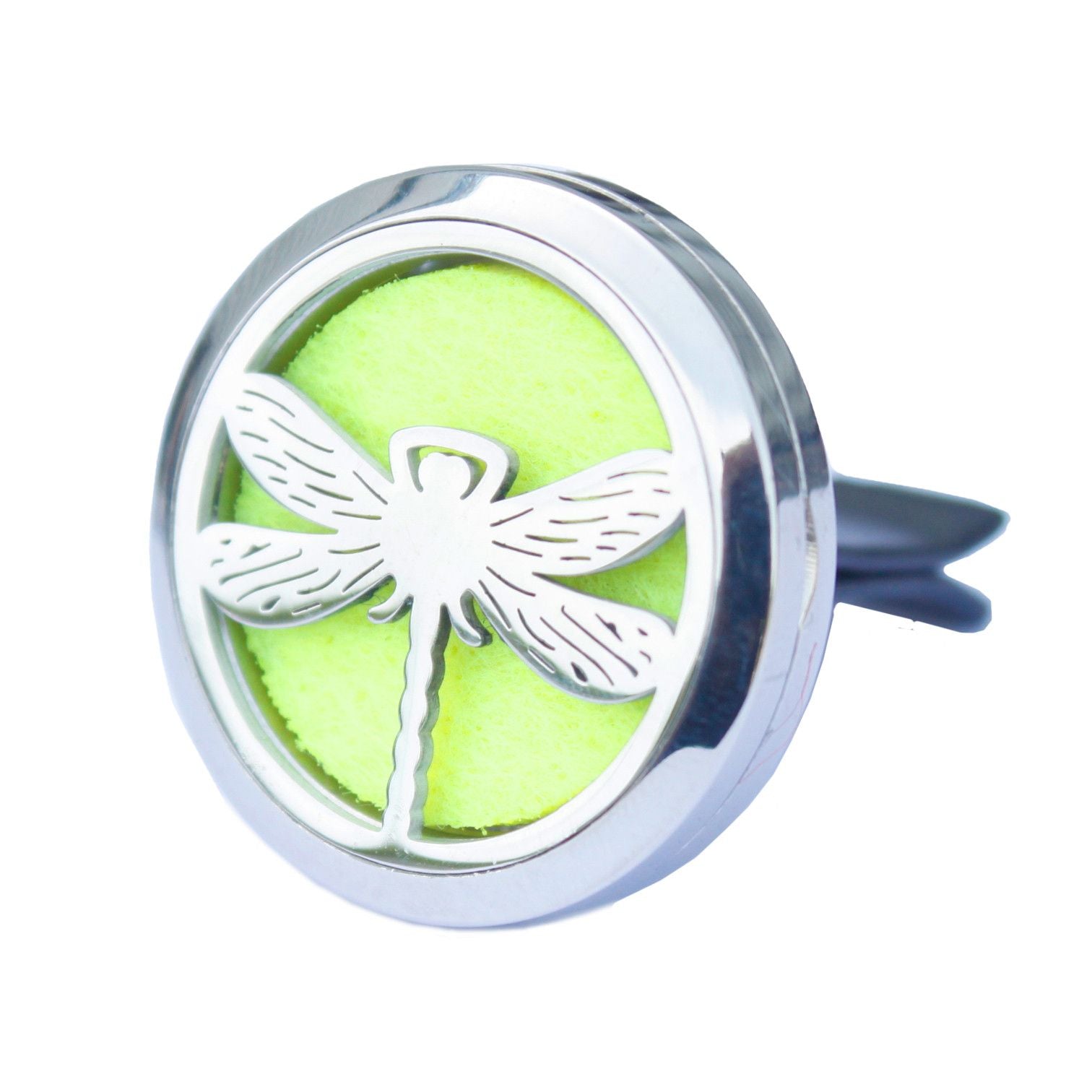 Round silver-toned aromatherapy car vent clip featuring a detailed dragonfly cutout design and a colourful felt pad.