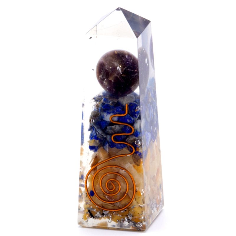 Tall orgonite obelisk power point featuring layers of blue lapis lazuli, yellow aventurine, and copper spirals.