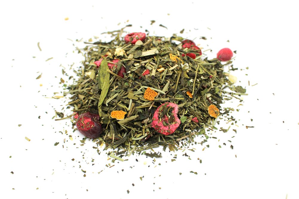 Large 1kg bag of premium loose leaf green tea showing vibrant dried green tea leaves.