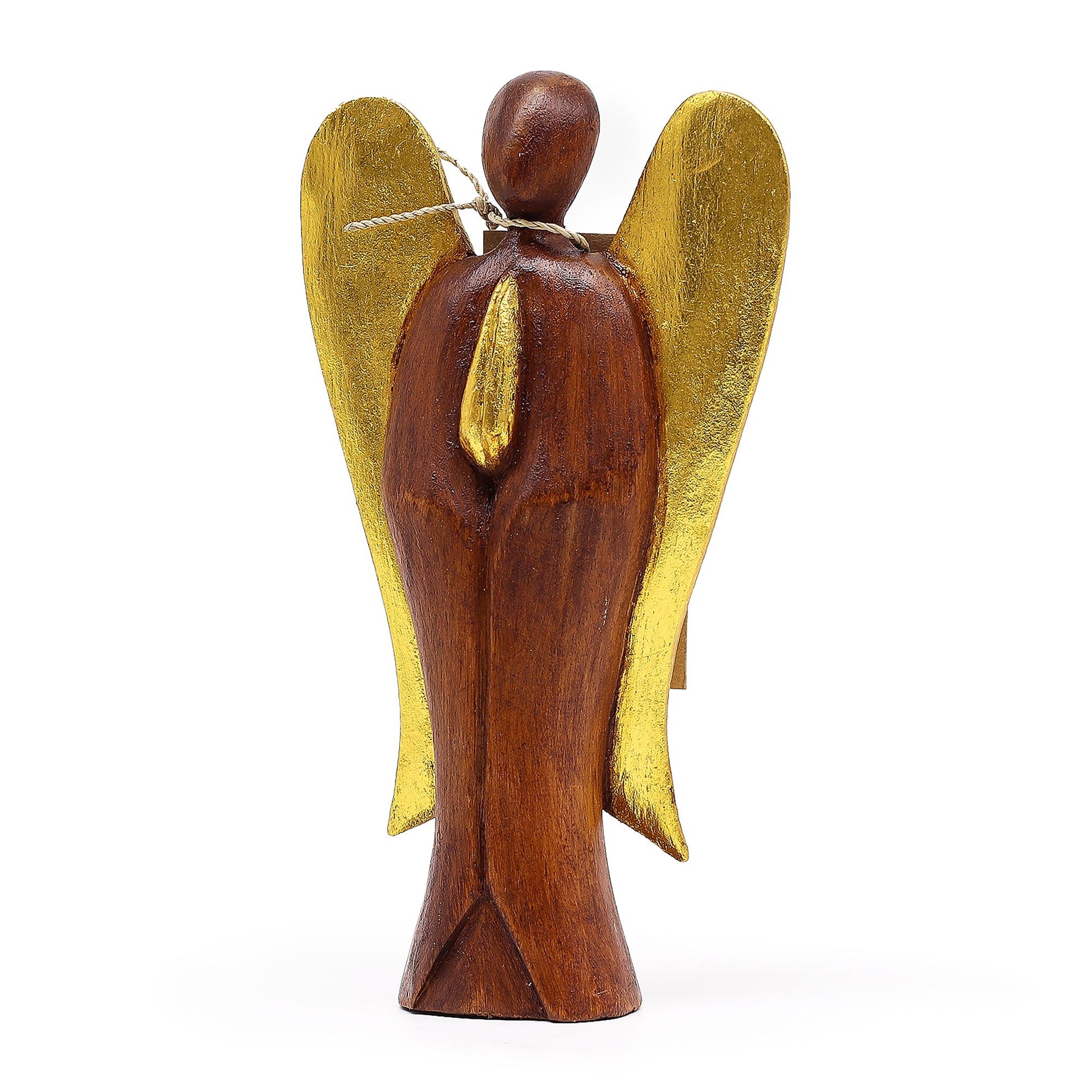 Hand-carved wooden angel figurine with wings and a serene expression, standing 20cm tall.
