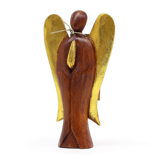 Hand-carved wooden angel figurine with wings and a serene expression, standing 20cm tall.