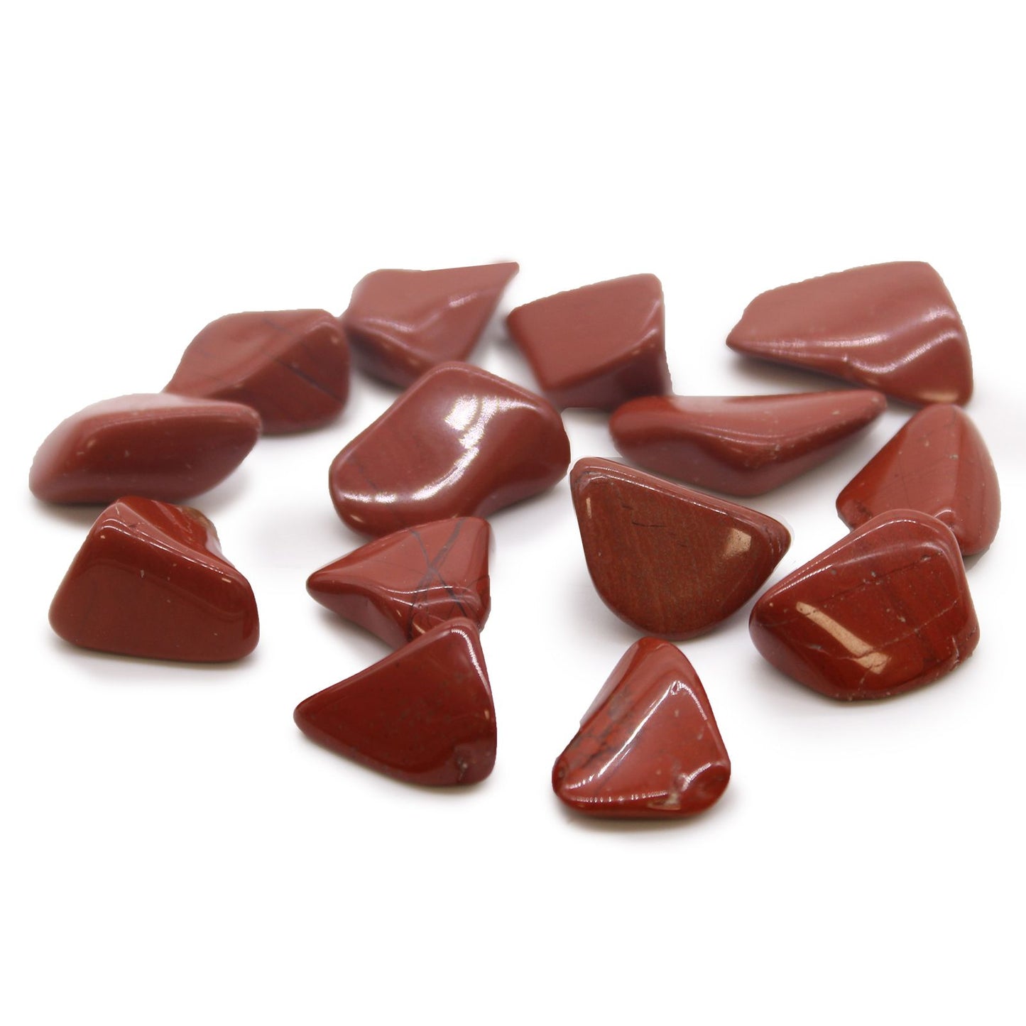 A smooth, polished medium-sized Red Jasper tumble stone with deep earthy red tones and natural patterns.