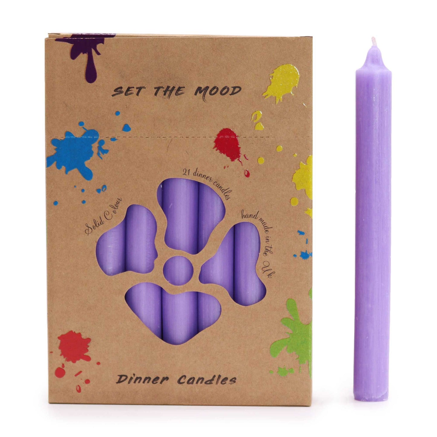 A collection of twenty-one tall, rustic lilac-coloured dinner candles with a textured solid-colour finish.