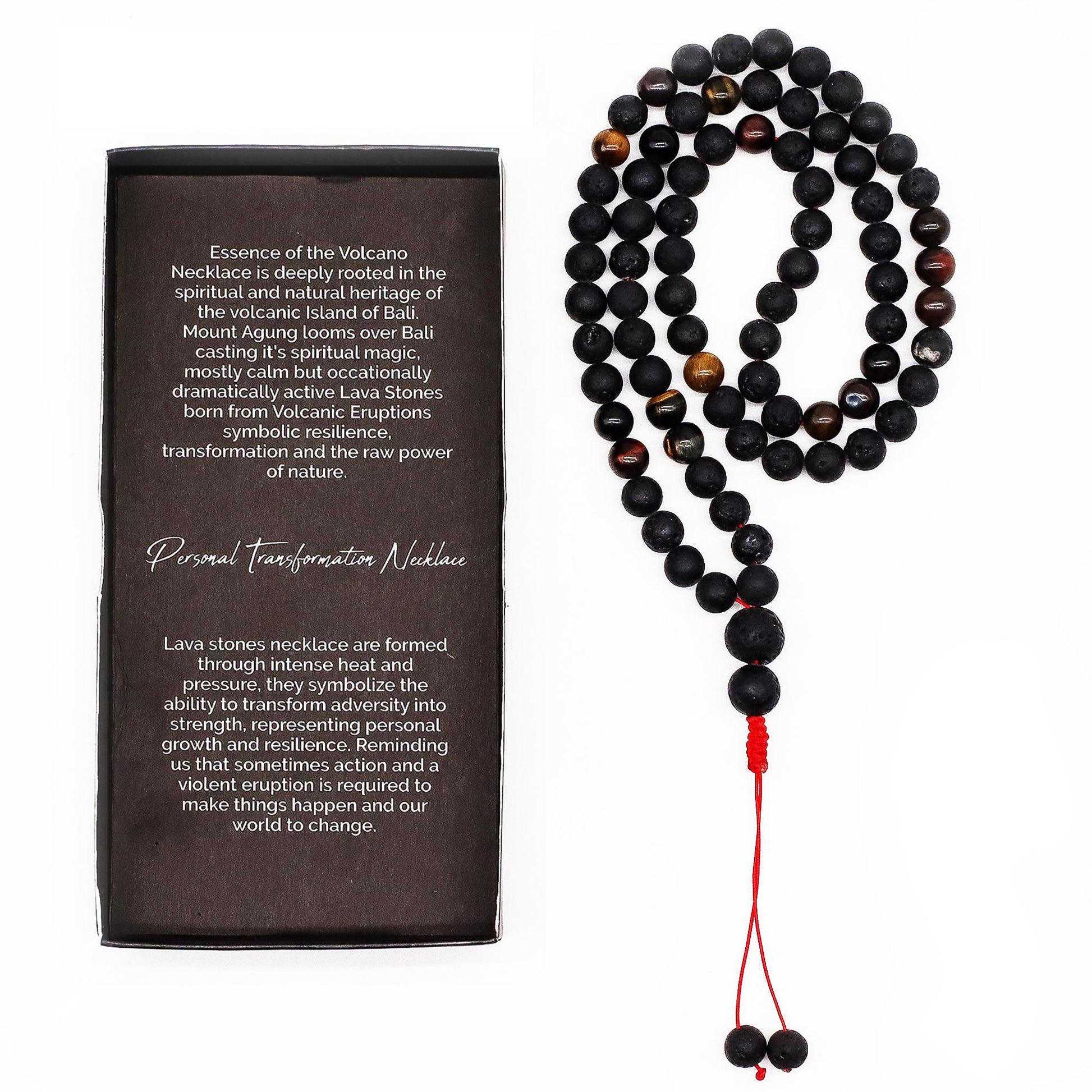 Handcrafted necklace featuring dark textured lava stones and golden-brown Tiger's Eye beads on a vibrant red cord.