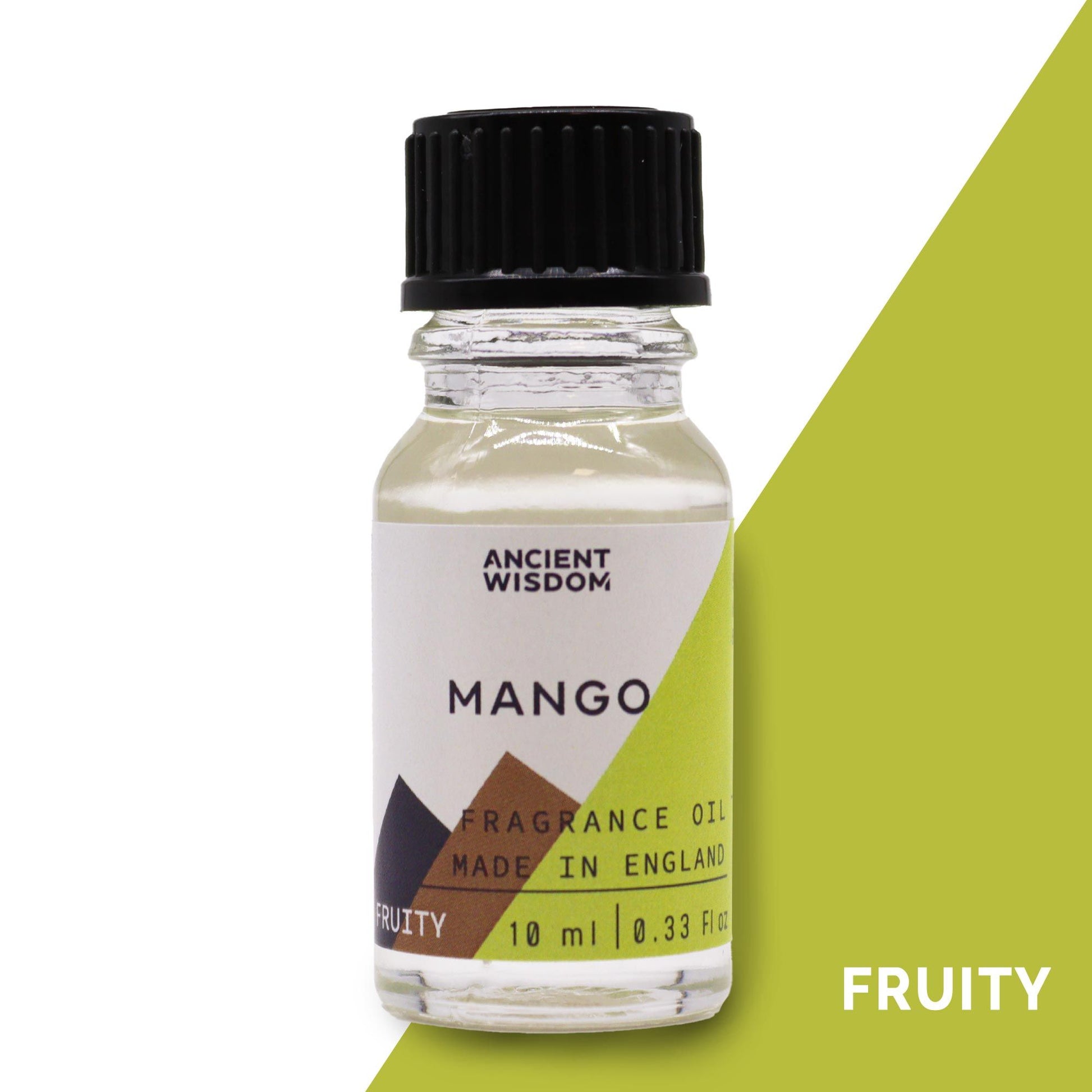 Small amber glass bottle of mango fragrance oil with a black dropper cap and a simple descriptive label.