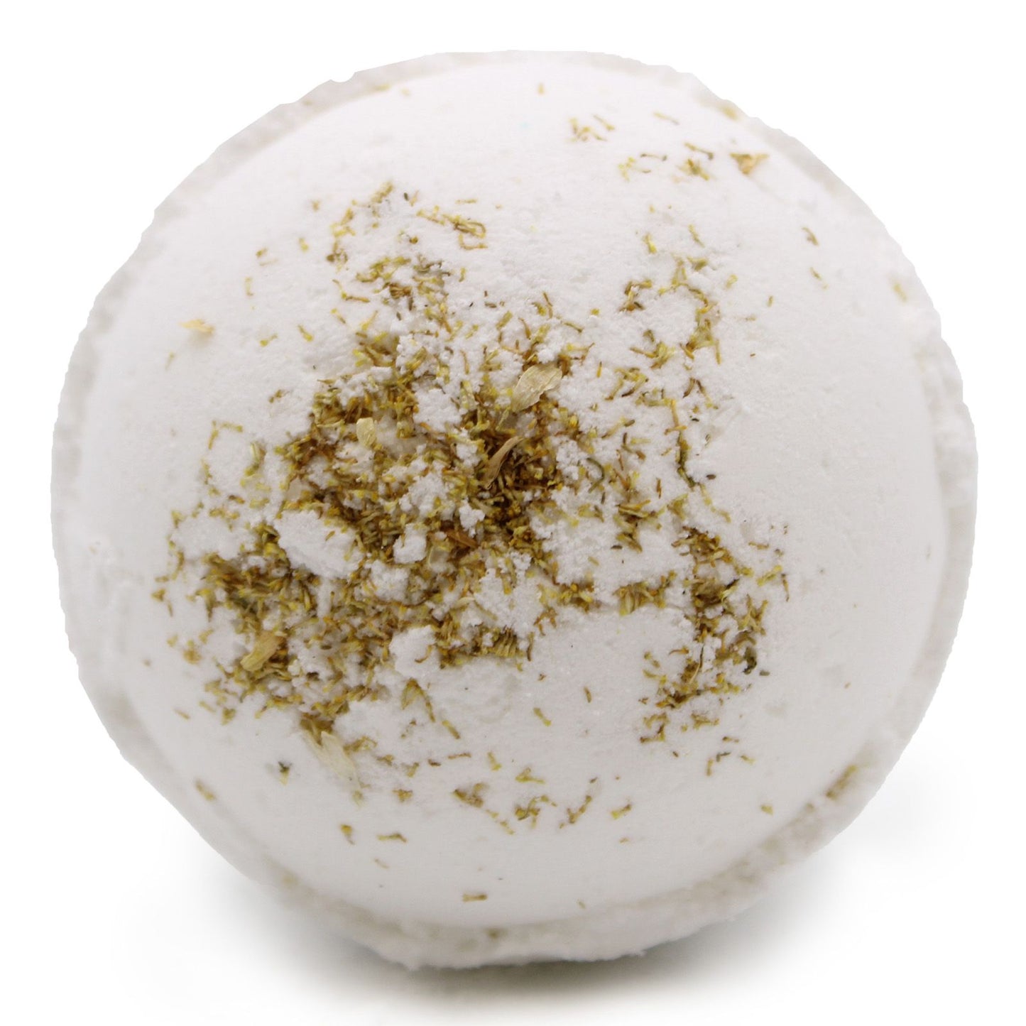Large round pink Himalayan salt bath bomb with dried botanical petals and a textured surface.