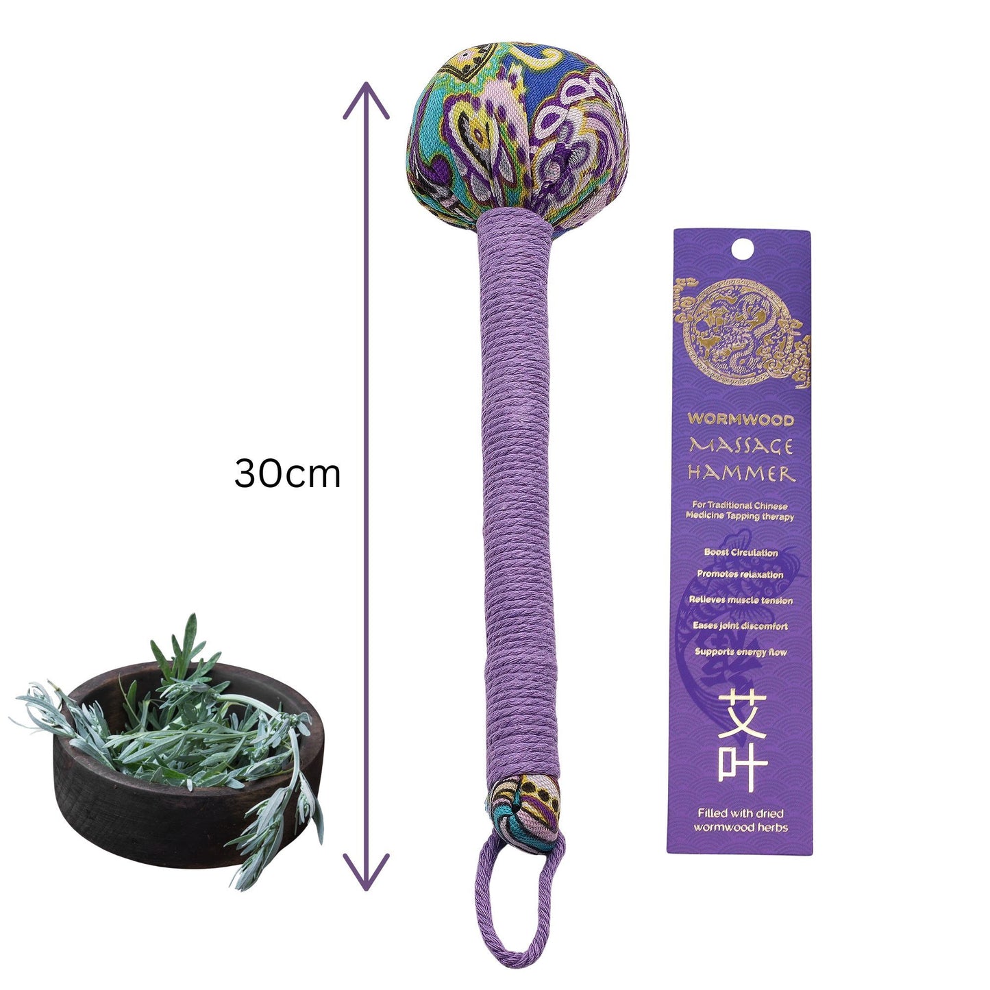 Purple wormwood massage hammer with a natural bamboo handle and lavender scent for relaxation and muscle tension relief.
