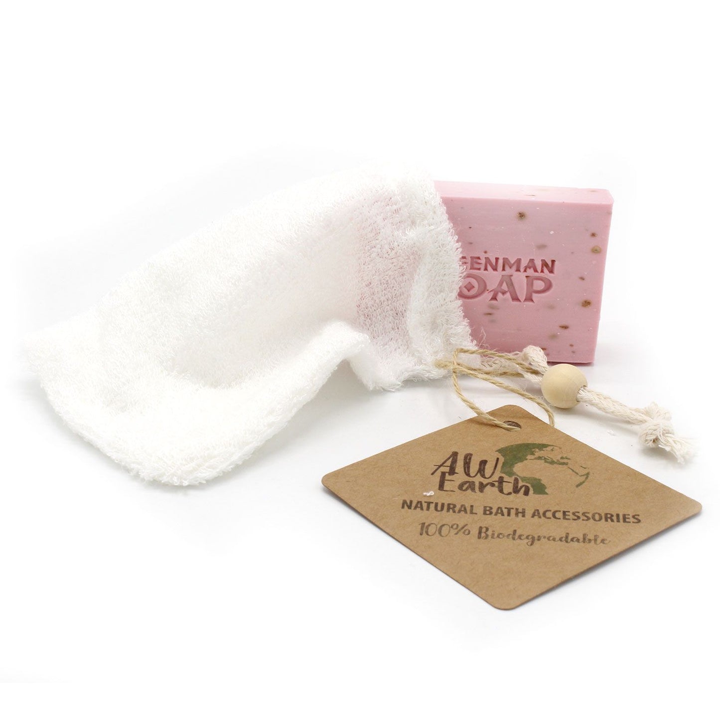 Textured eco-friendly soap bag made from natural bamboo fibres with a drawstring closure.