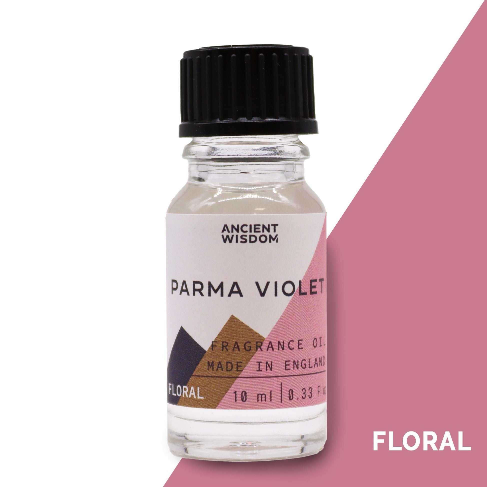 A 10ml amber glass bottle of Parma Violet fragrance oil with a white dropper cap and minimalist label.