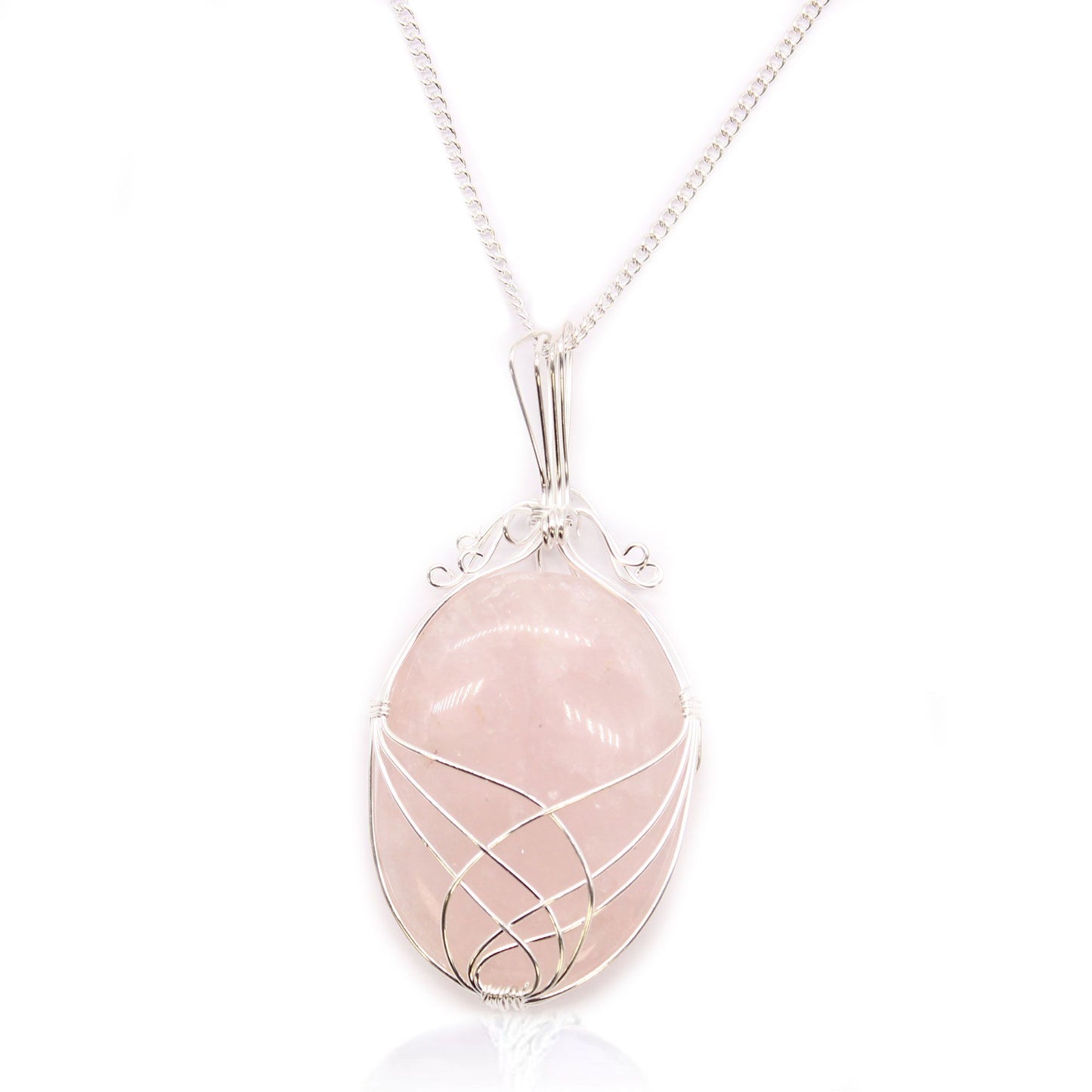 Elegant silver-coloured wire swirl wrapped around a soft pink rose quartz gemstone pendant on a necklace chain.