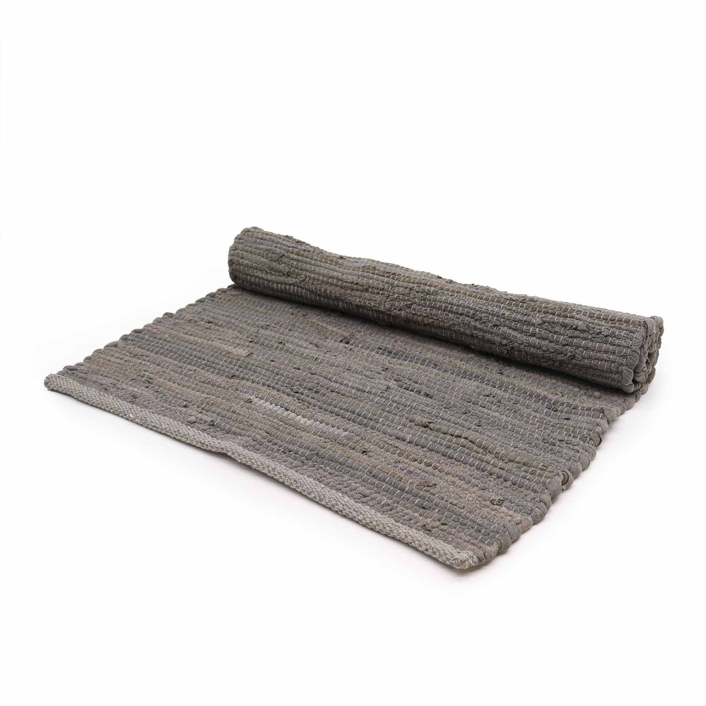 Handloomed medium rectangular cotton rug in a deep charcoal grey with a natural woven texture.
