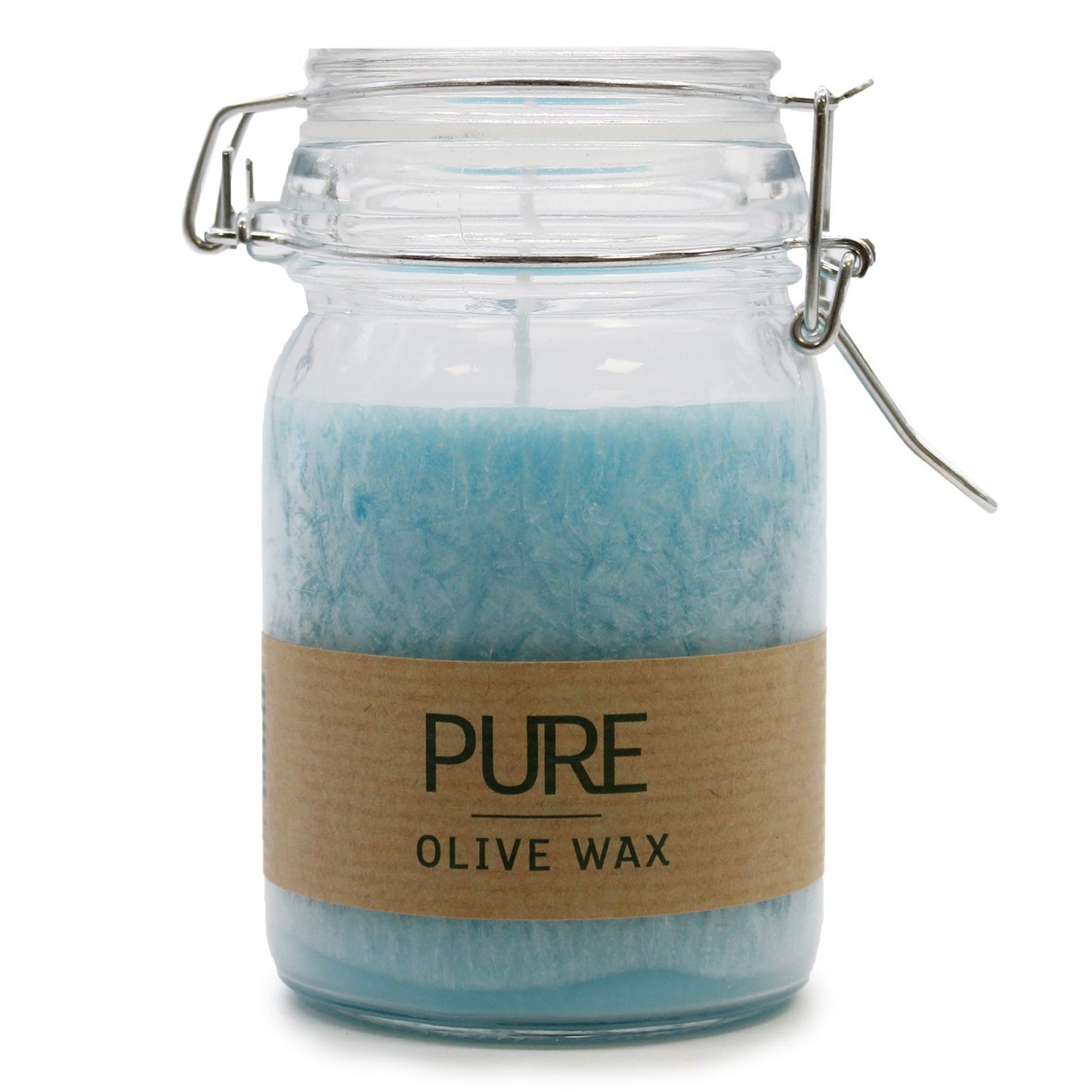 Hand-poured turquoise olive wax candle in a clear glass jar with a minimalist aesthetic.
